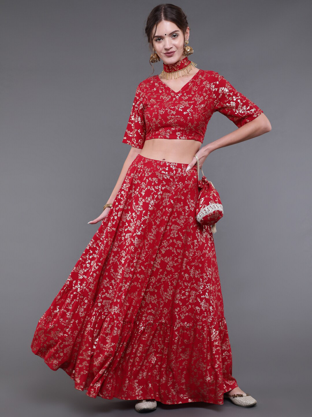 

saubhagya Red & Silver-Toned Printed Ready to Wear Lehenga Choli Set