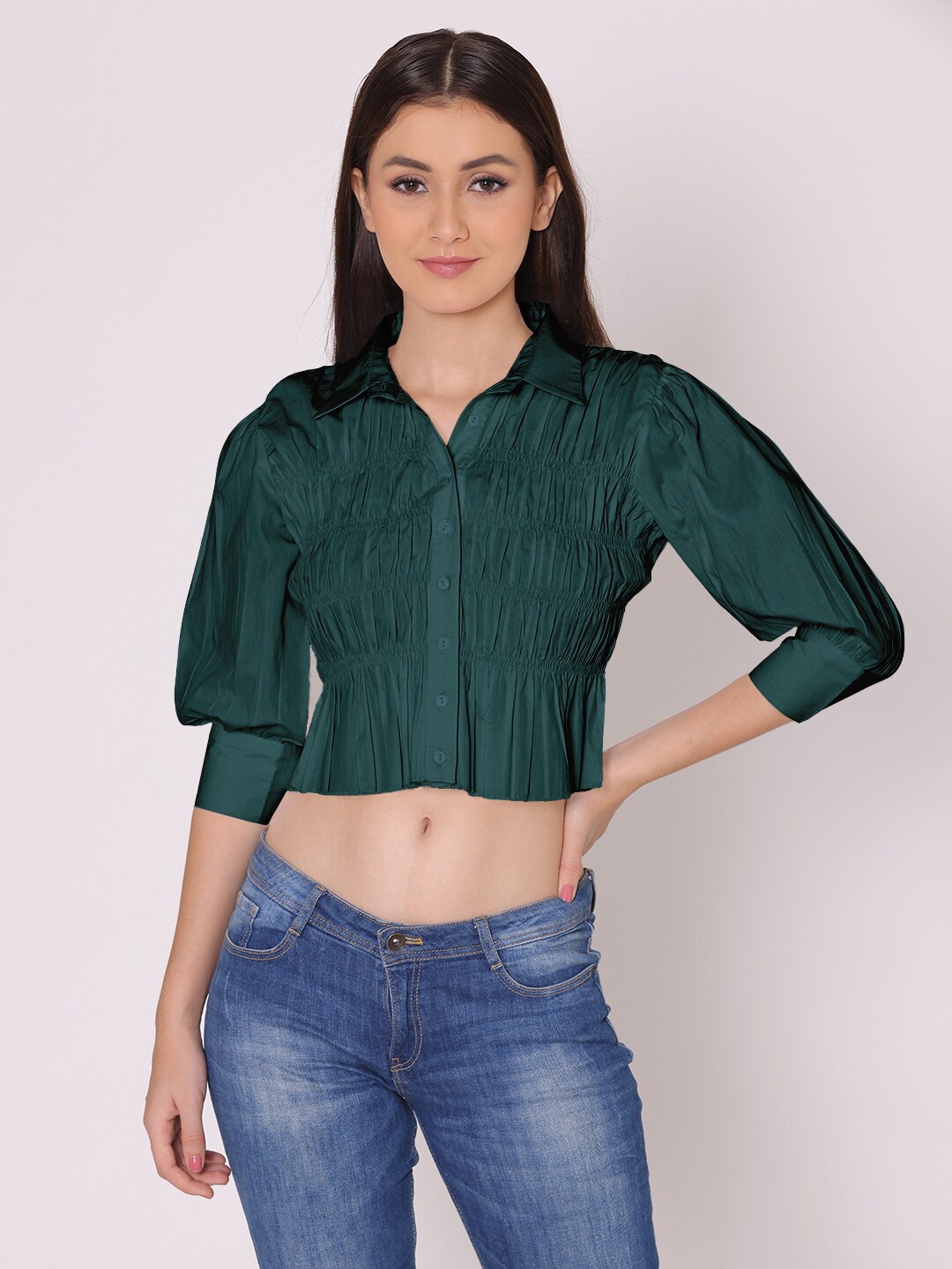 

DressBerry Green Smocked Shirt Style Crop Top
