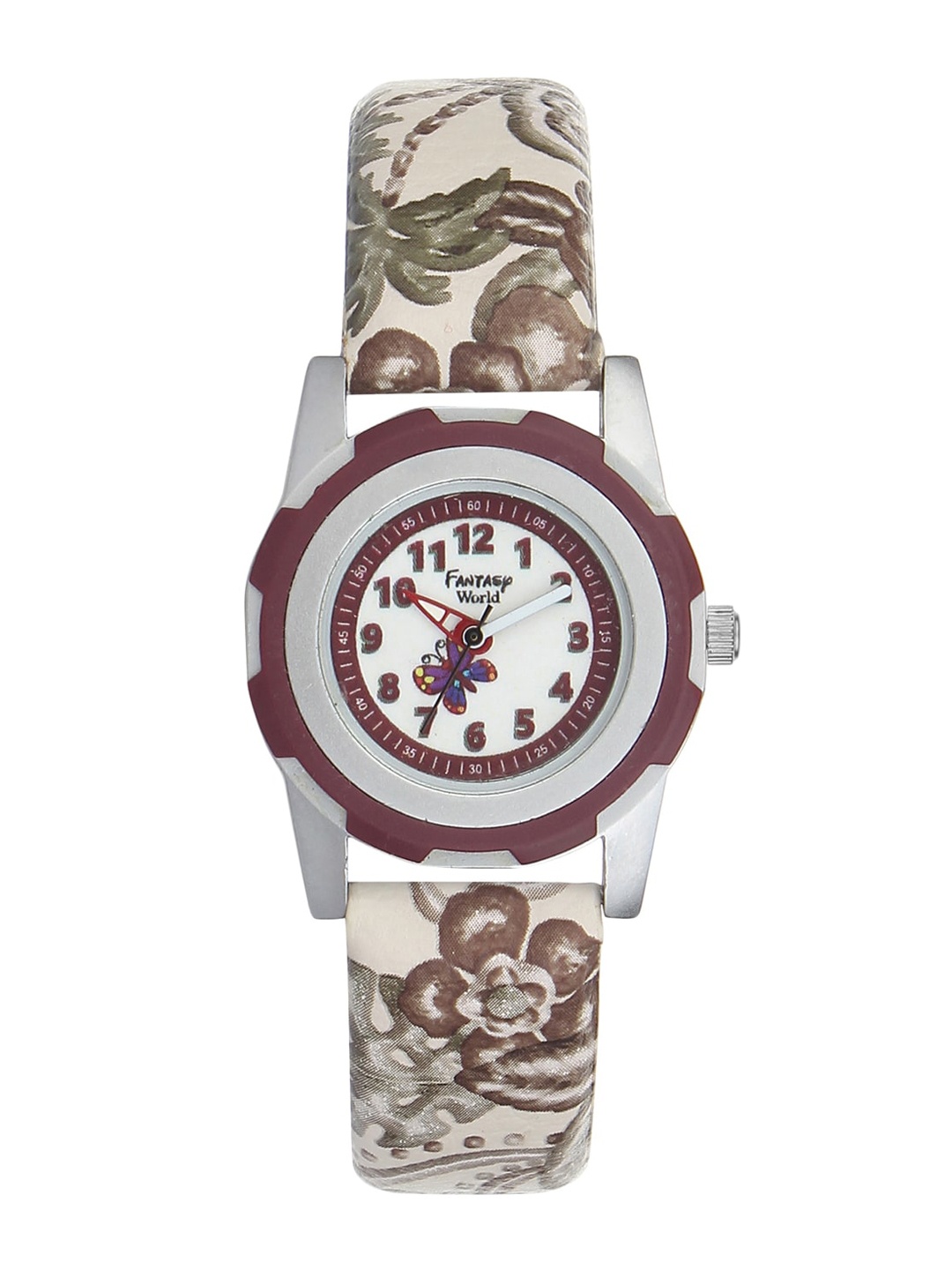 

Fantasy World Unisex Kids White Printed Dial & Beige Leather Textured Straps Analogue Watch, Cream