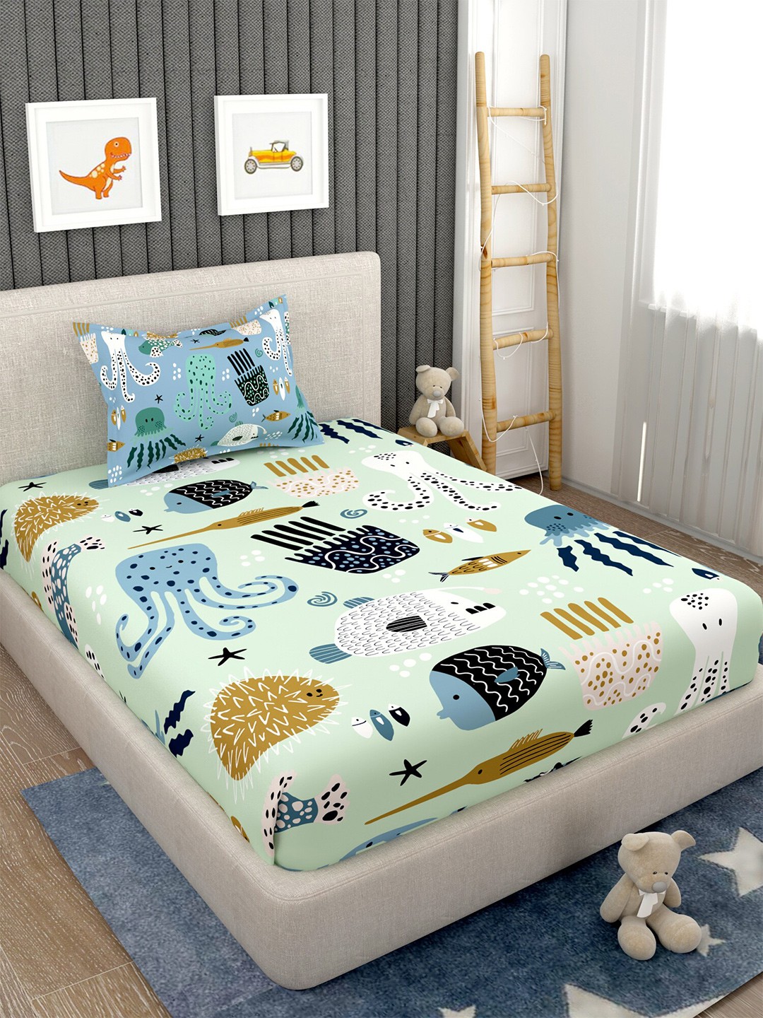 

EverHOME Green & Yellow Graphic 160 TC Single Bedsheet with 1 Pillow Covers