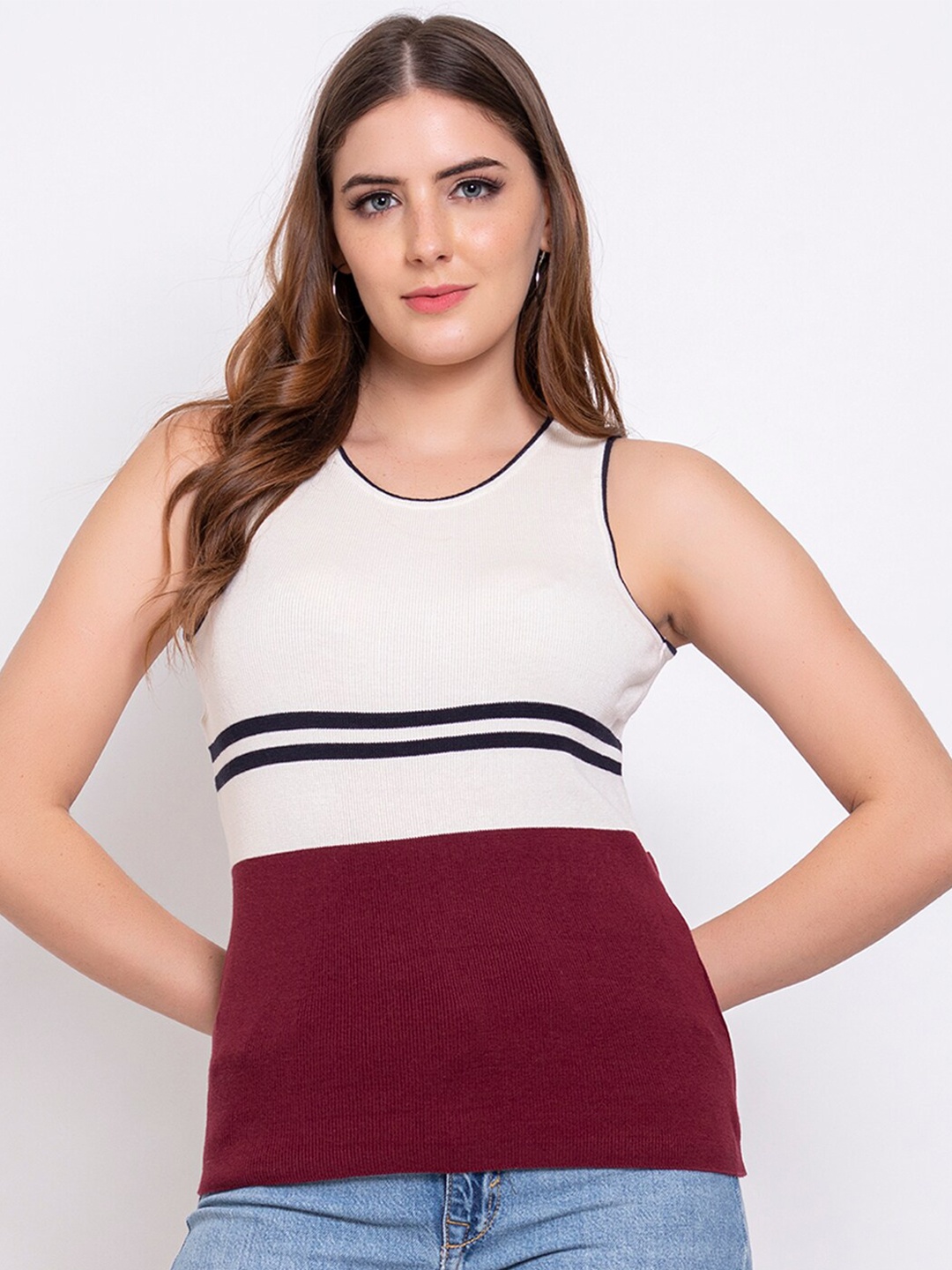 

ARMISTO Striped Cotton Fitted Top, Maroon