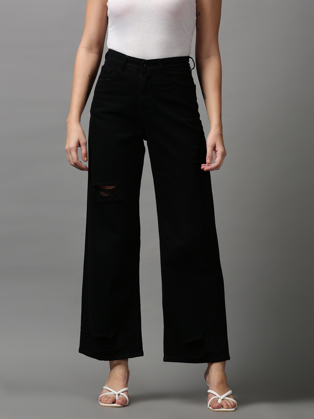

SHOWOFF Women Black Wide Leg Mildly Distressed Stretchable Jeans