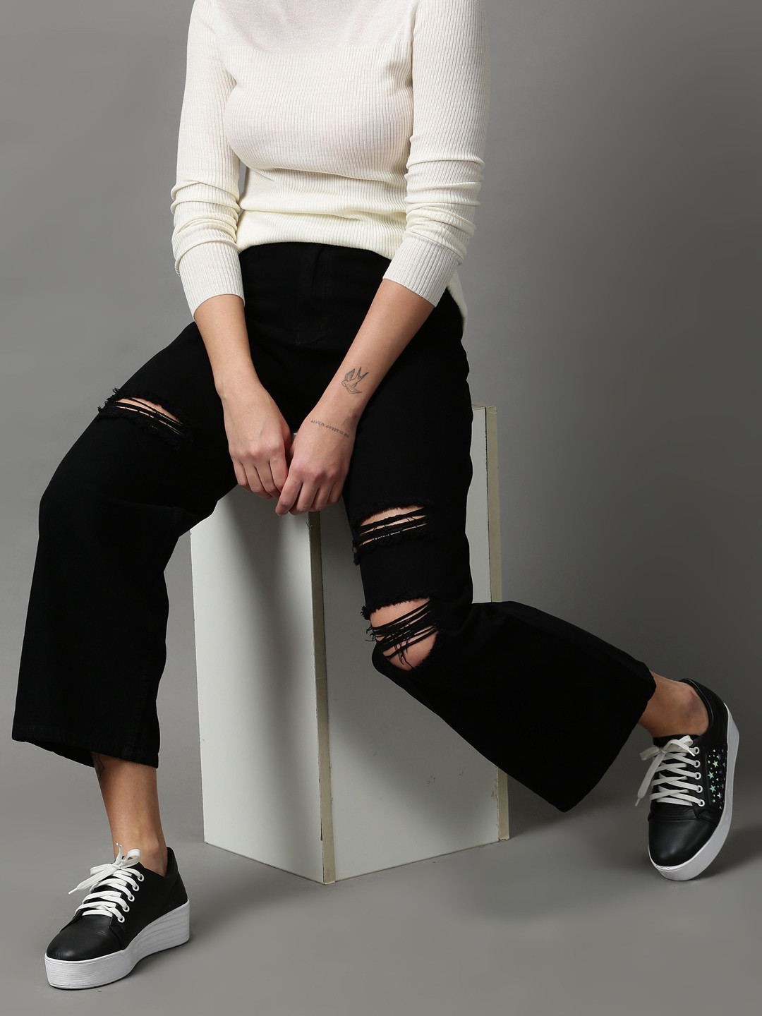 

SHOWOFF Women Black Wide Leg Slash Knee Jeans