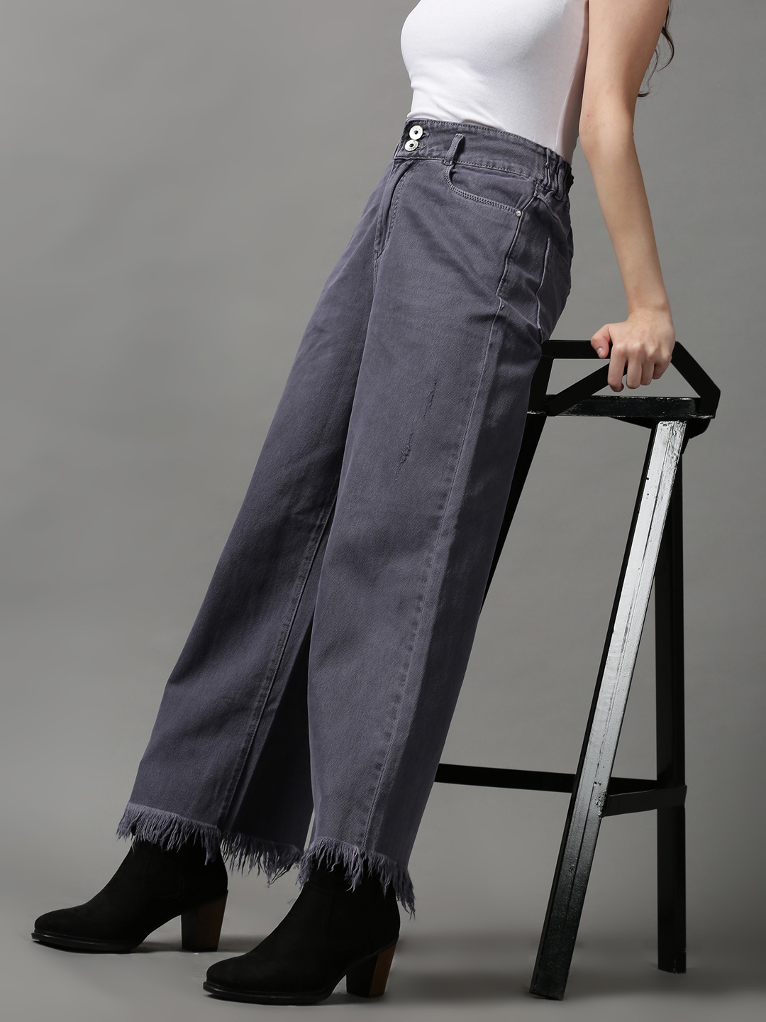 

SHOWOFF Women Charcoal Wide Leg Low Distress Jeans