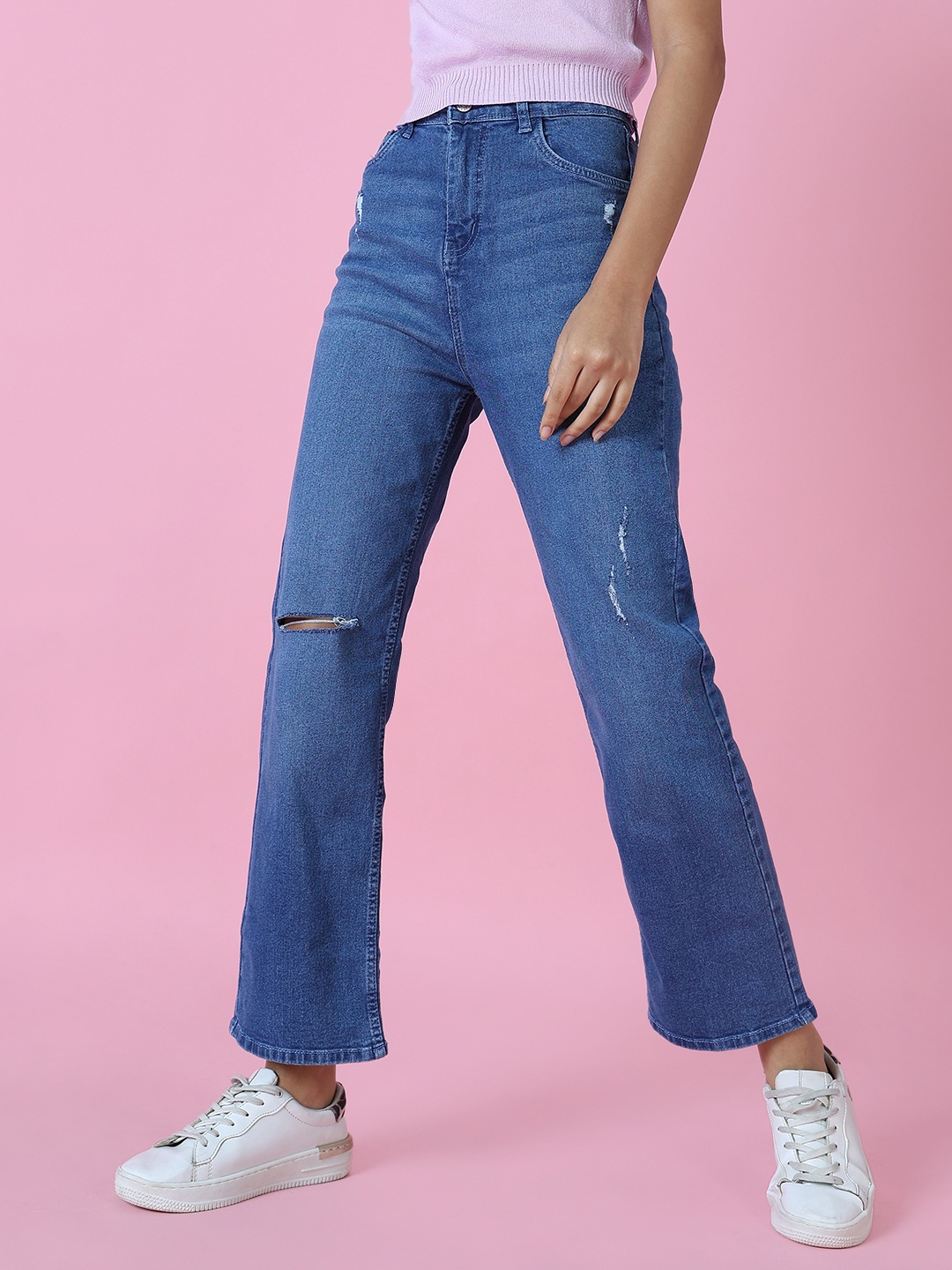 

SHOWOFF Women Blue Wide Leg Slash Knee Light Fade Stretchable Jeans