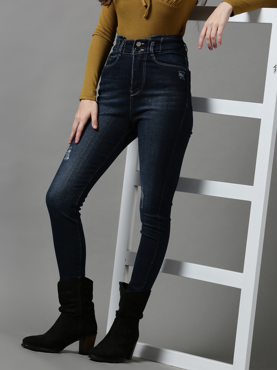 

SHOWOFF Women Navy Blue Skinny Fit High-Rise Low Distress Light Fade Stretchable Jeans