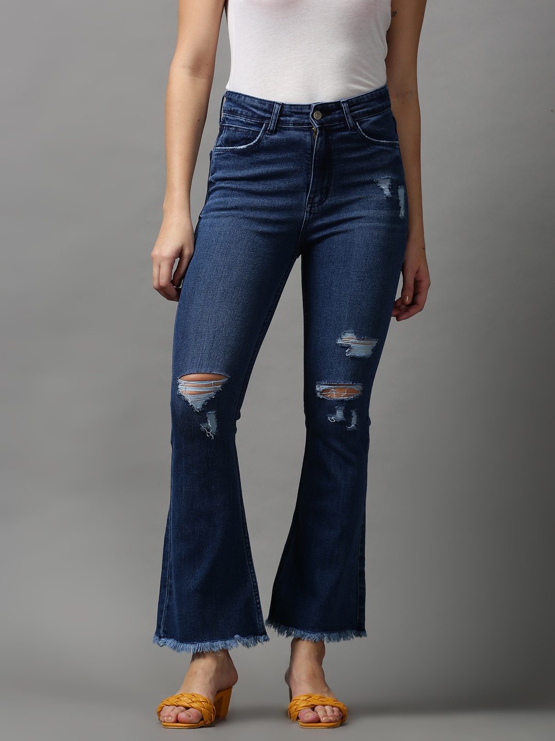 

SHOWOFF Women Navy Blue Bootcut Mildly Distressed Light Fade Stretchable Jeans