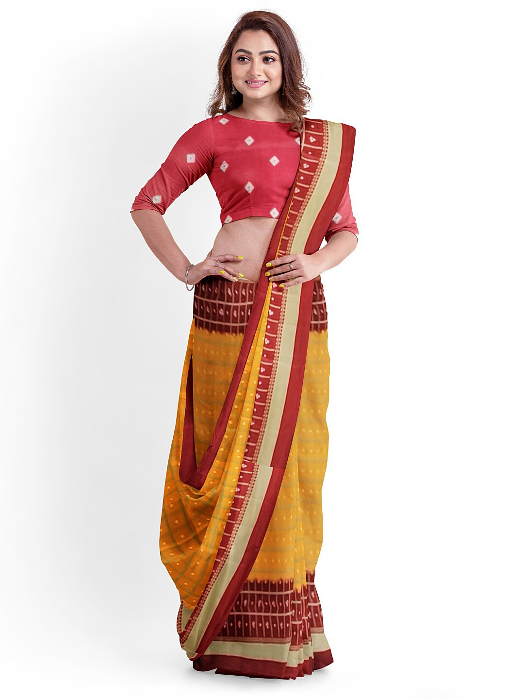 

Silk Bazar Yellow & Maroon Bandhani Silk Blend Fusion Saree