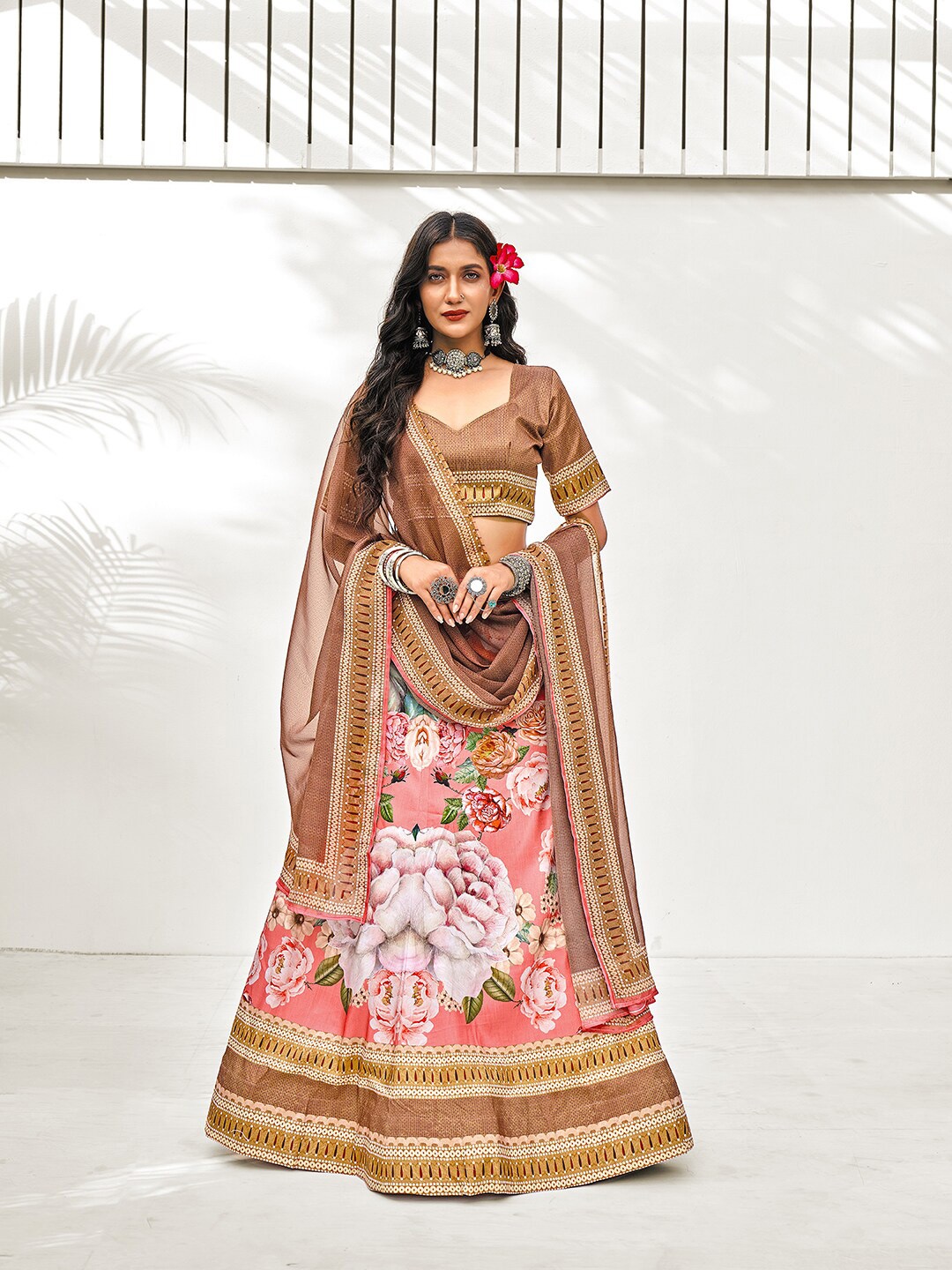 

SHOPGARB Pink & Beige Printed Block Print Semi-Stitched Lehenga Choli