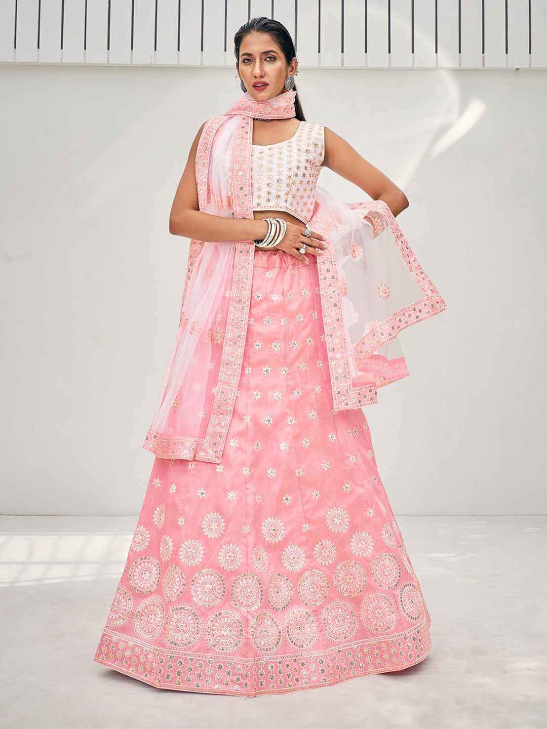 

SHOPGARB Pink & White Embroidered Semi-Stitched Lehenga & Unstitched Blouse With Dupatta