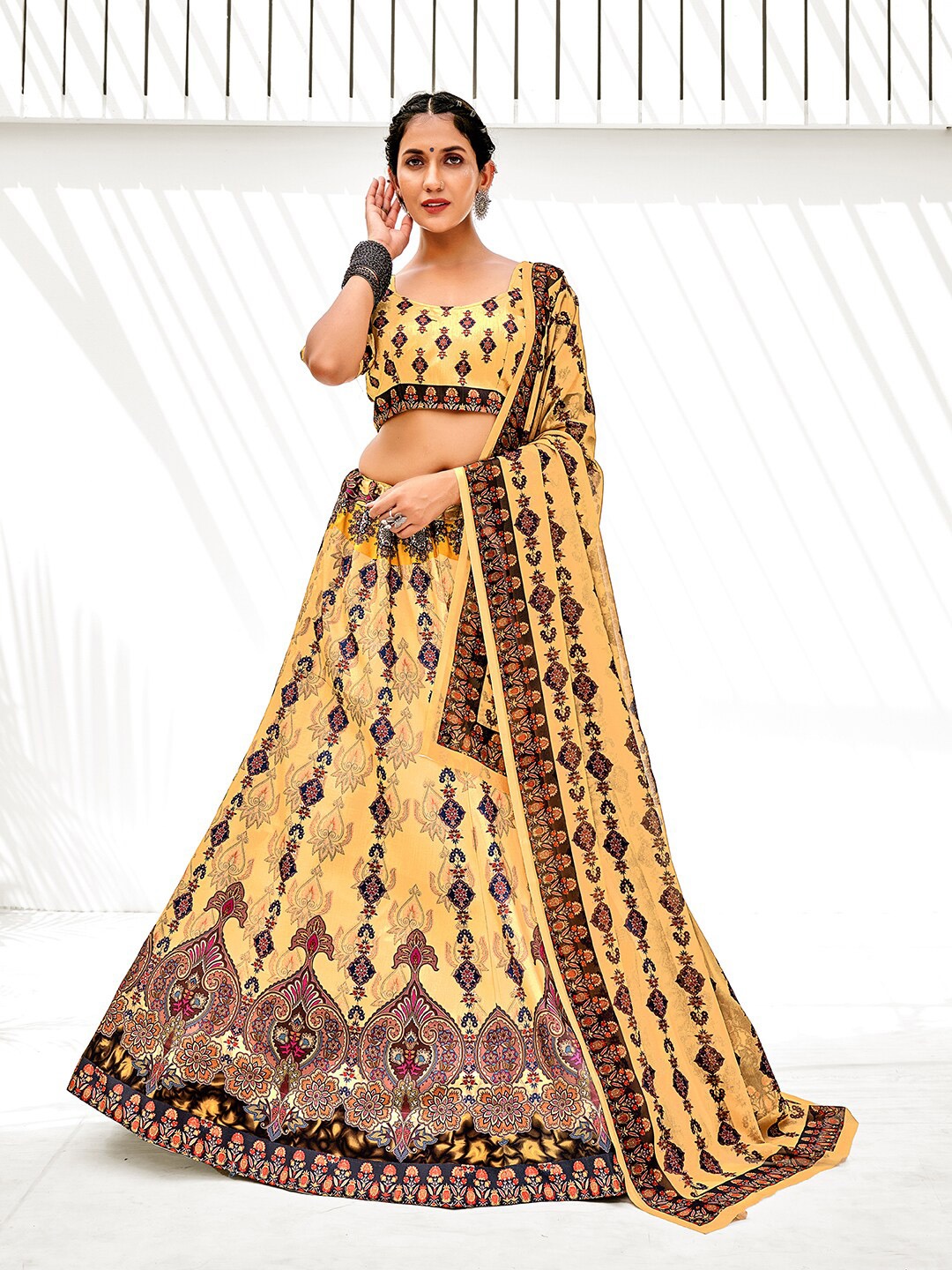 

SHOPGARB Yellow & Black Printed Semi-Stitched Lehenga & Unstitched Blouse With Dupatta