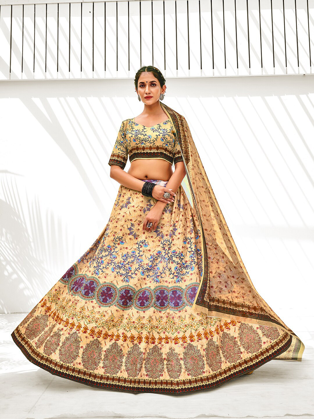 

SHOPGARB Cream-Coloured & Blue Printed Block Print Semi-Stitched Lehenga & Unstitched Blouse With Dupatta