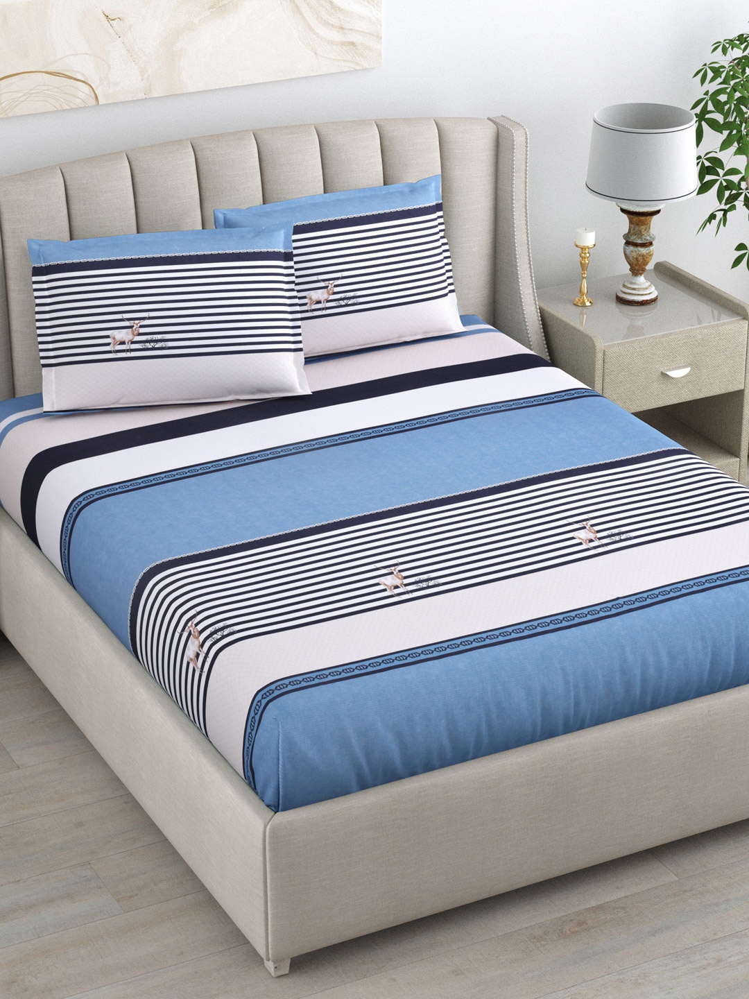 

DREAM WEAVERZ Blue & White Striped 220 TC King Bedsheet with 2 Pillow Covers