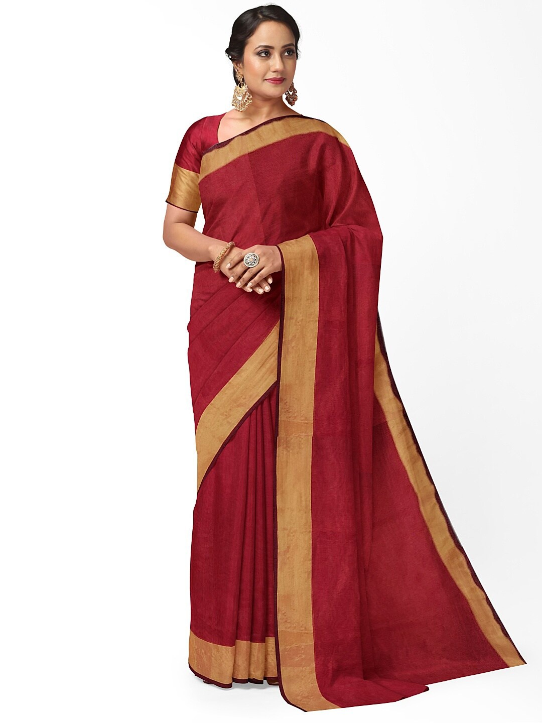 

Silk Bazar Red & Beige Zari Silk Cotton Ready to Wear Sungudi Saree