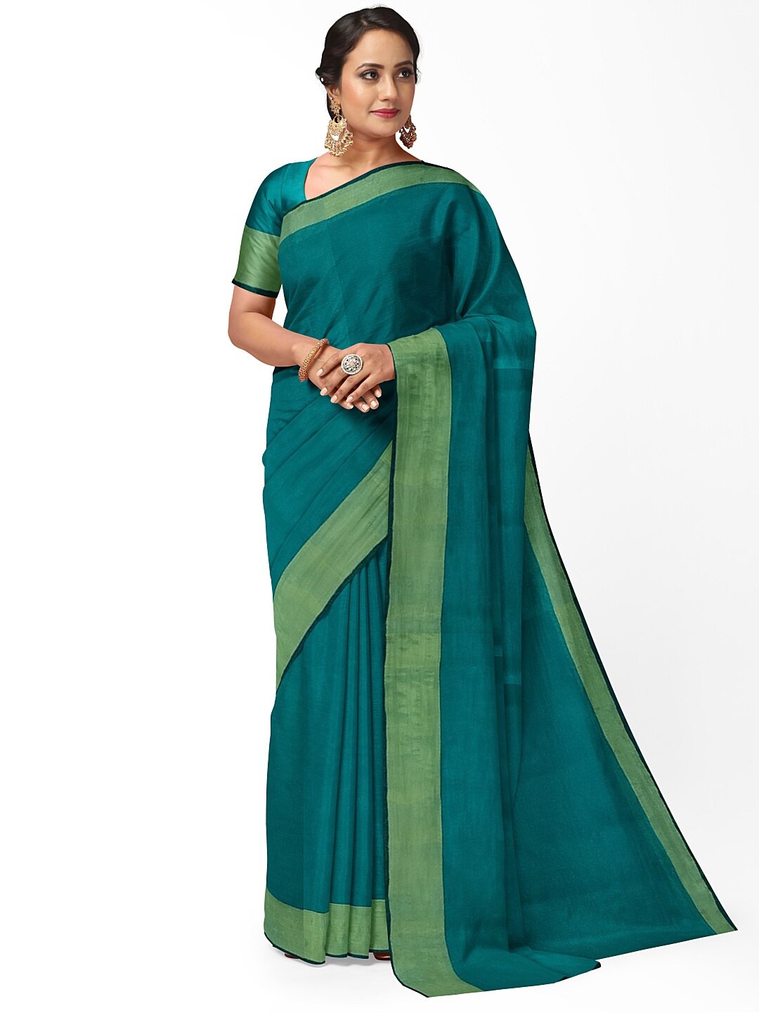 

Silk Bazar Teal & Green Silk Cotton Ready to Wear Sungudi Saree