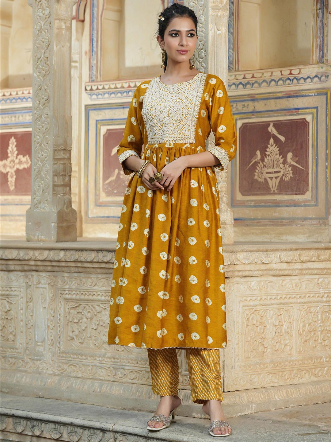 

SCAKHI Women Mustard Yellow Bandhani Printed Empire Sequinned Kurta with Trousers