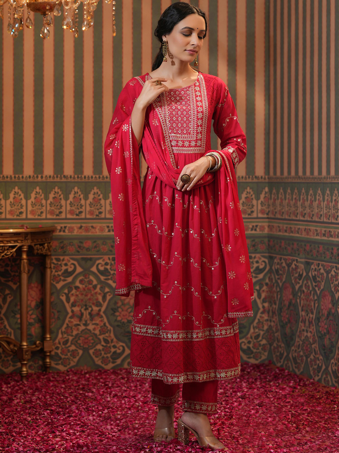 

SCAKHI Women Red Embroidered Pleated Pure Cotton Kurta with Trousers & Dupatta