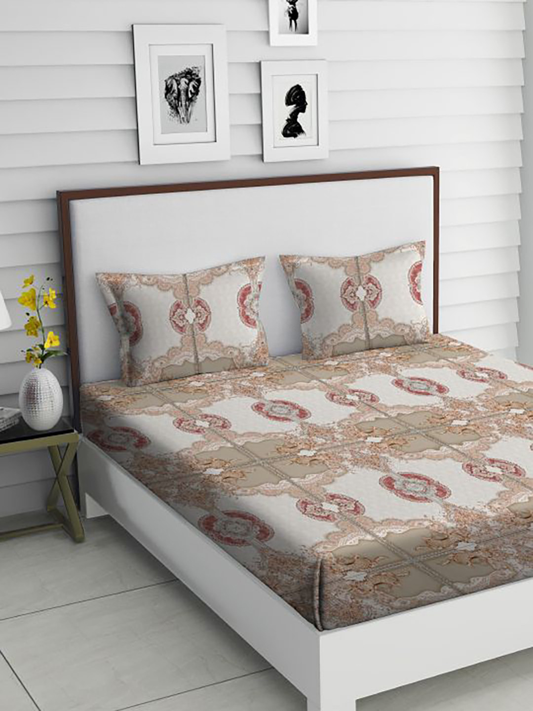 

TARA- Sparkling Homes Cream-Coloured & Red Ethnic Motifs 350 TC King Bedsheet with 2 Pillow Covers