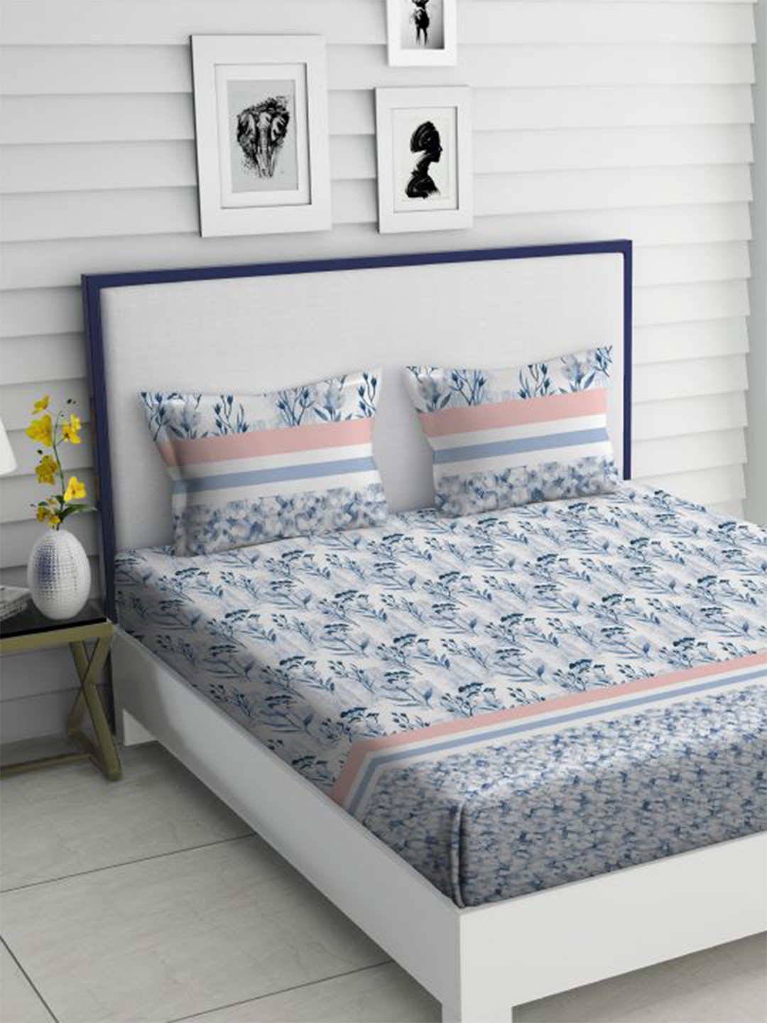 

TARA- Sparkling Homes Blue & White 350 TC King Bedsheet with 2 Pillow Covers