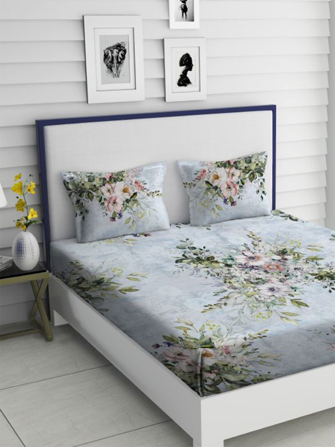 

TARA- Sparkling Homes Blue & Green Floral 350 TC King Bedsheet with 2 Pillow Covers