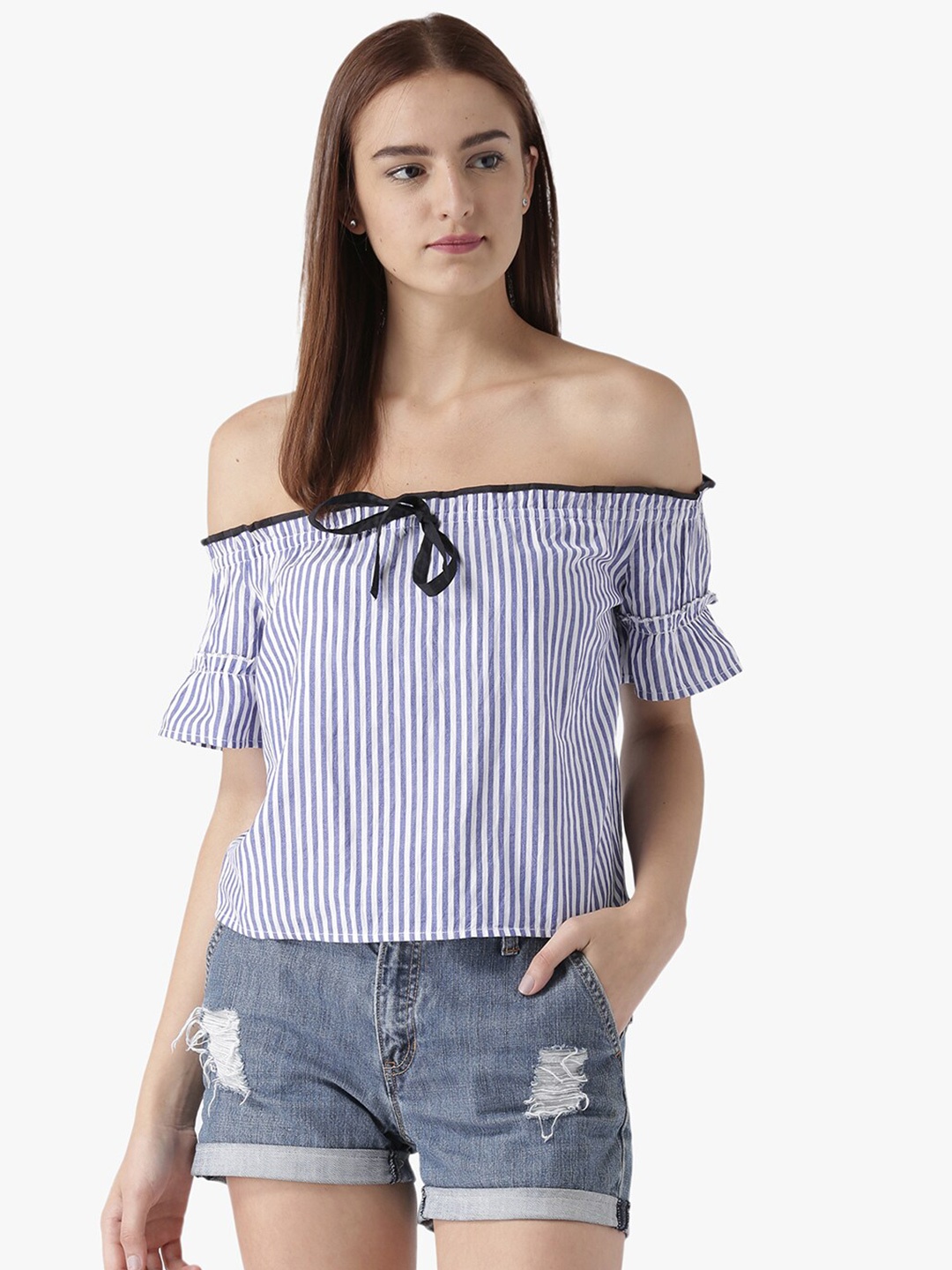 

DODO & MOA Blue Striped Off-Shoulder A-Line Mini Dress