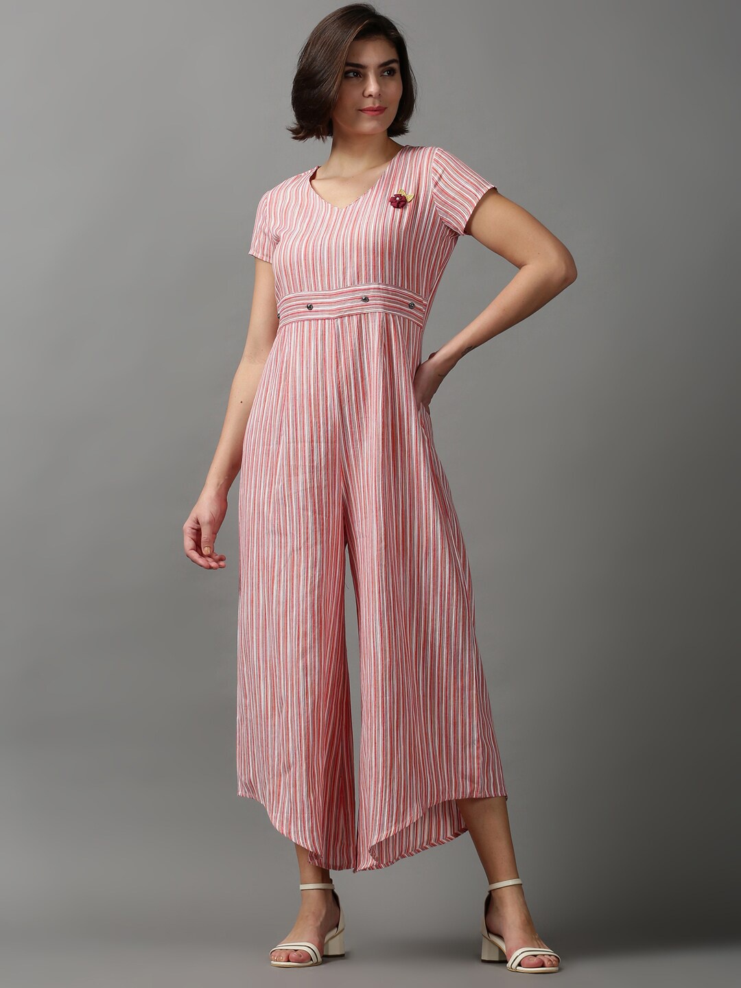 

SHOWOFF Women White & Pink Striped Basic Jumpsuit