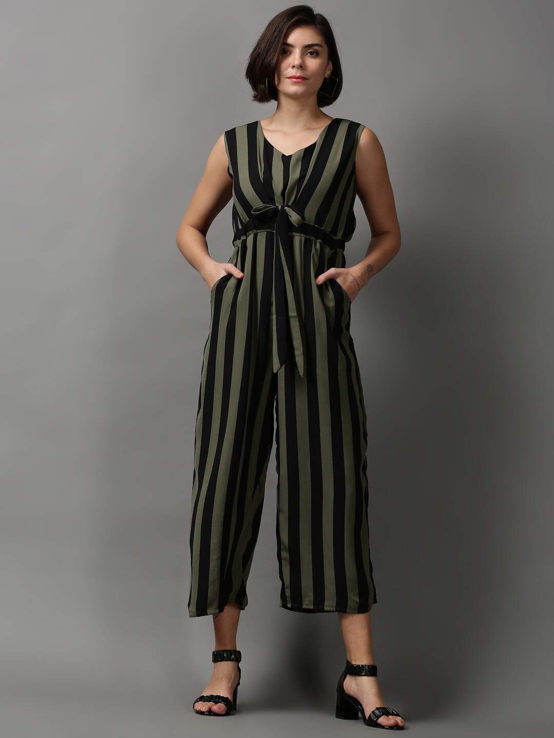 

SHOWOFF Women Olive Green & Black Striped Basic Jumpsuit