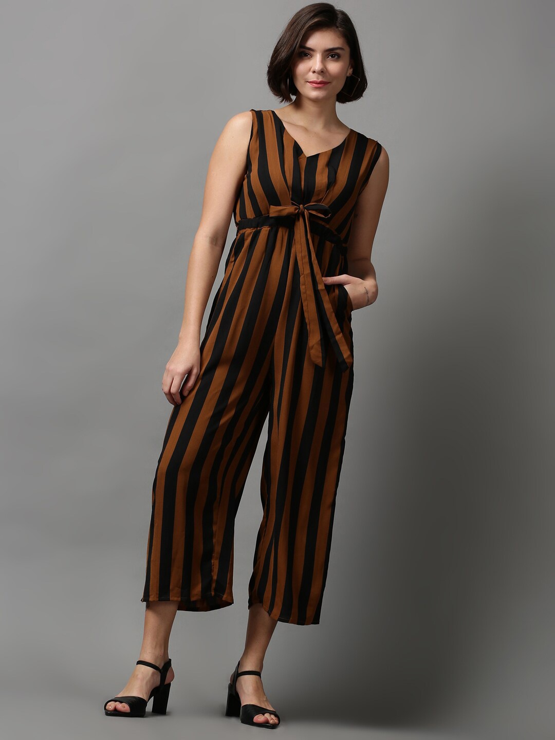 

SHOWOFF Brown & Black Striped Basic Jumpsuit