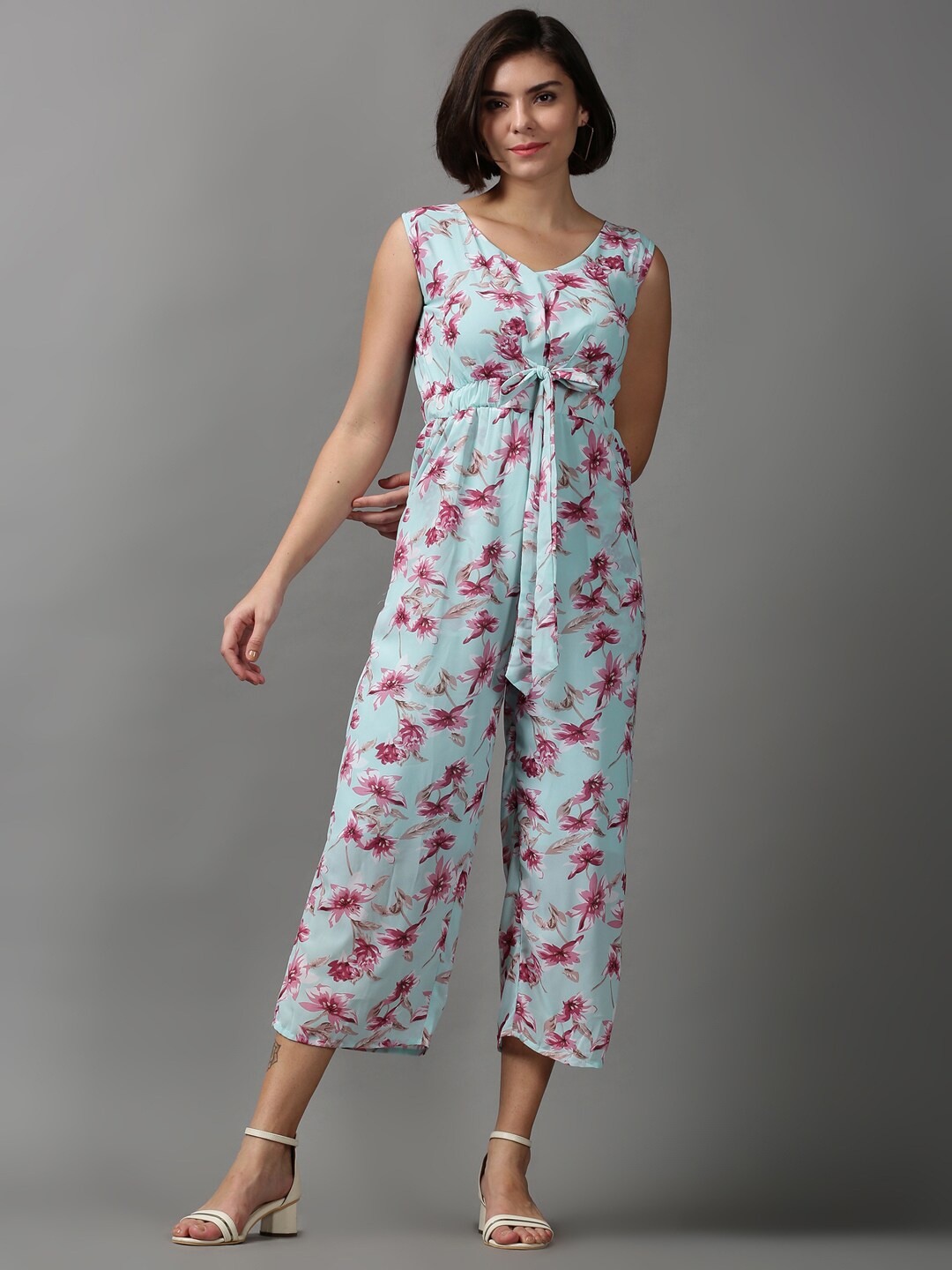 

SHOWOFF Women Sea Green & Pink V-Neck Printed Basic Jumpsuit
