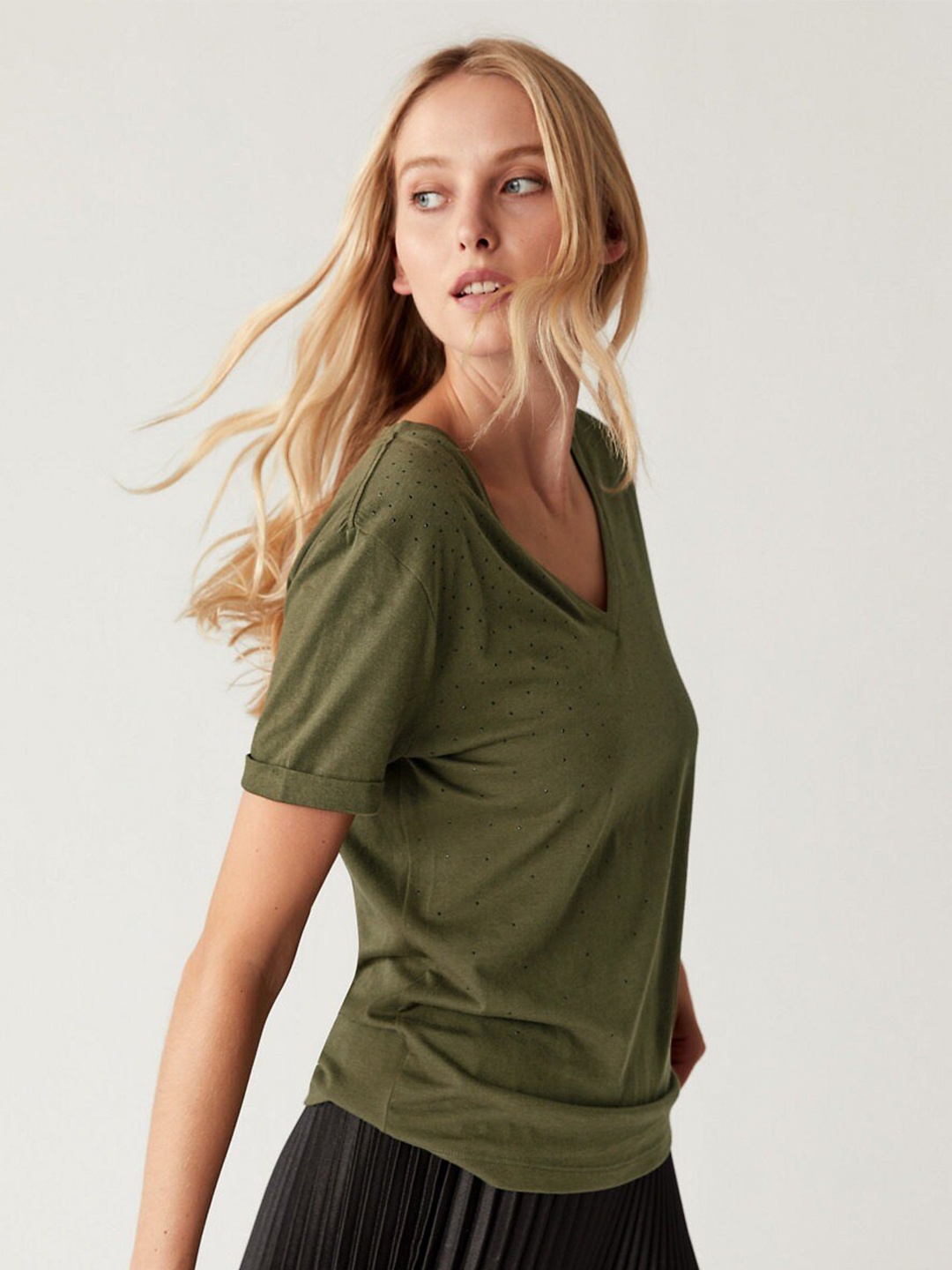 

Marks & Spencer Women Green V-Neck T-shirt