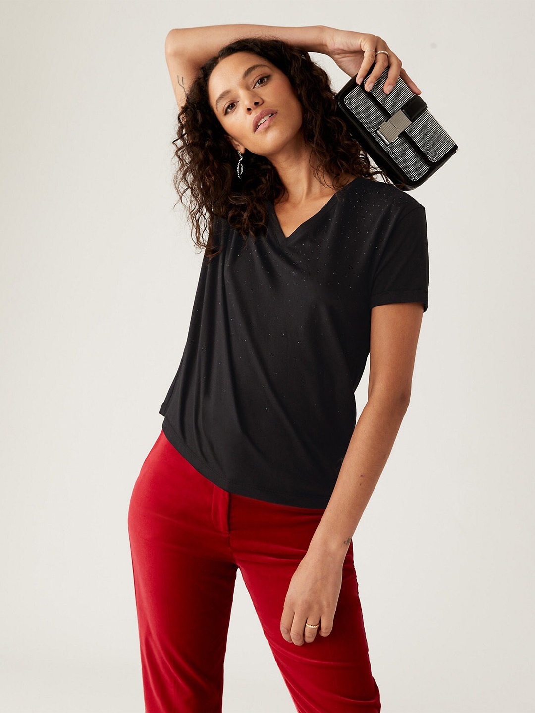 

Marks & Spencer Women Black Embellished V-Neck Cotton T-shirt
