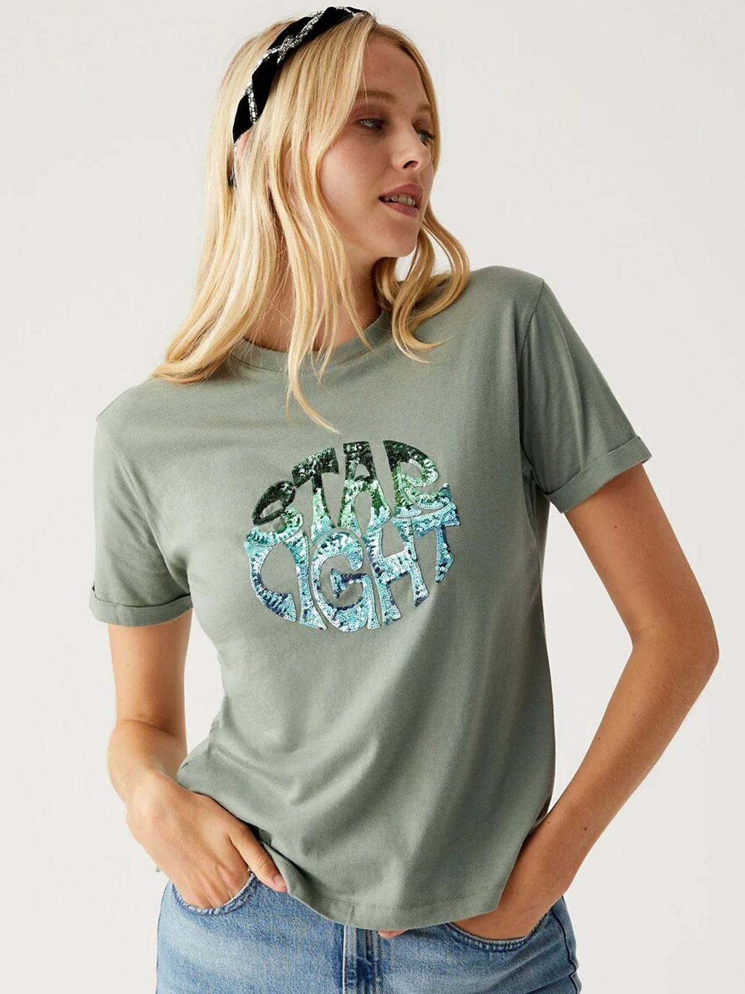 

Marks & Spencer Women Grey Typography Embellished T-shirt