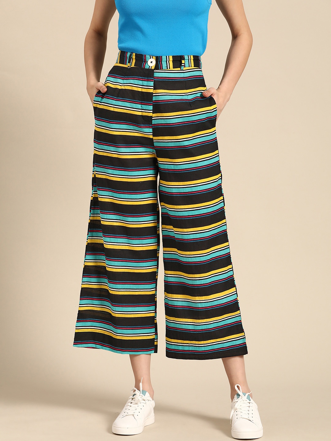 

Sangria Women Black & Yellow Striped Knitted Cropped Cotton Palazzos