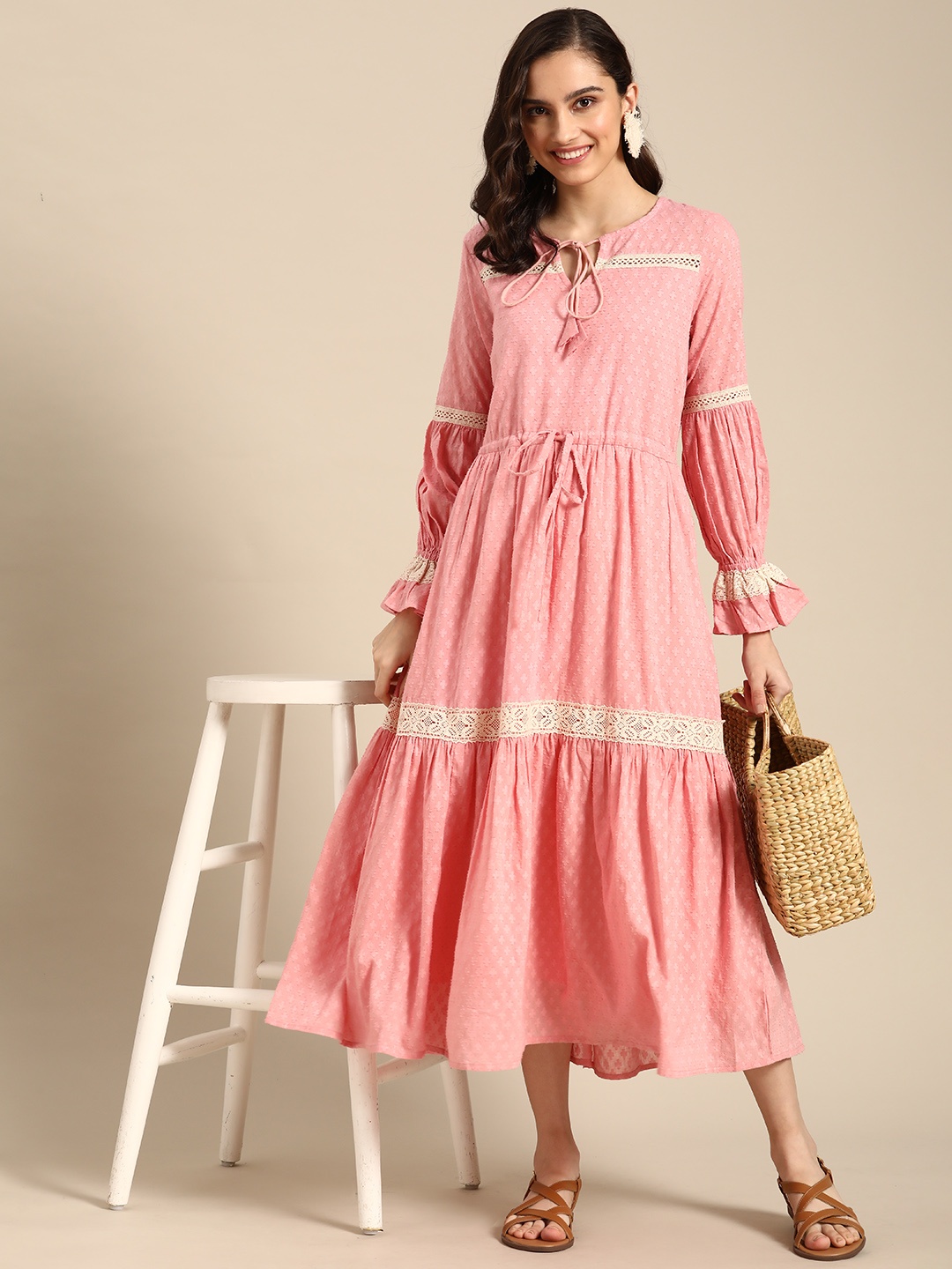 

Sangria Pink & Off-White Ethnic Dobby Weave Lace Inserts Midi Cotton Fit & Flare Dress