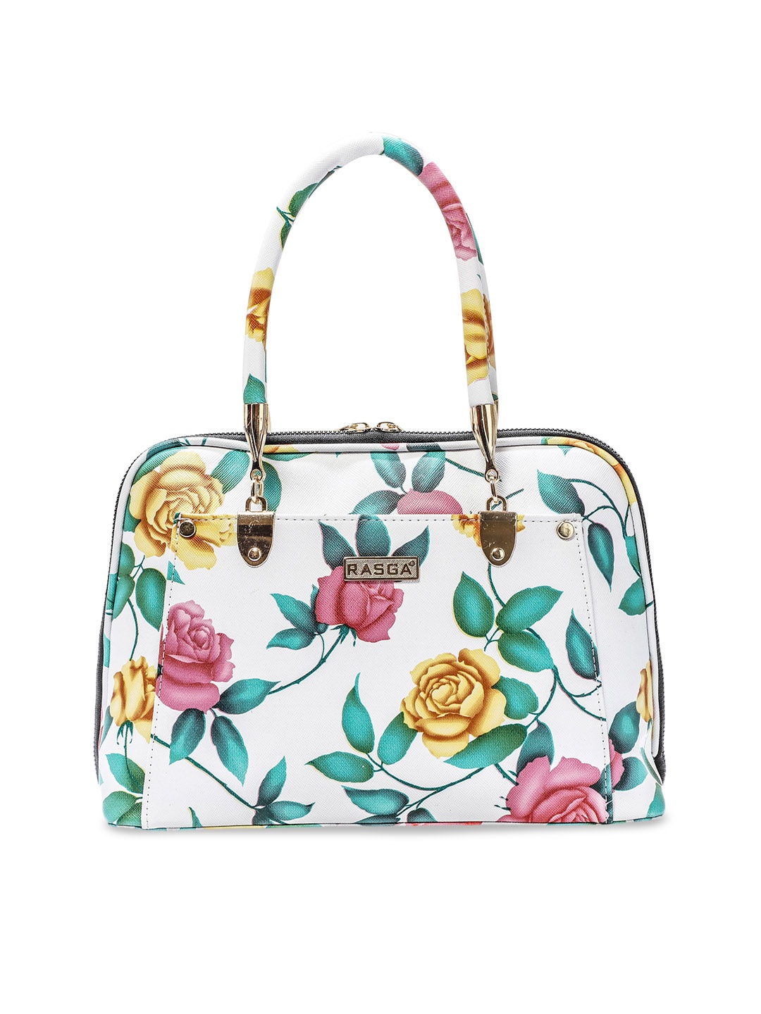 

RASGA White Floral Printed Structured Handheld Bag