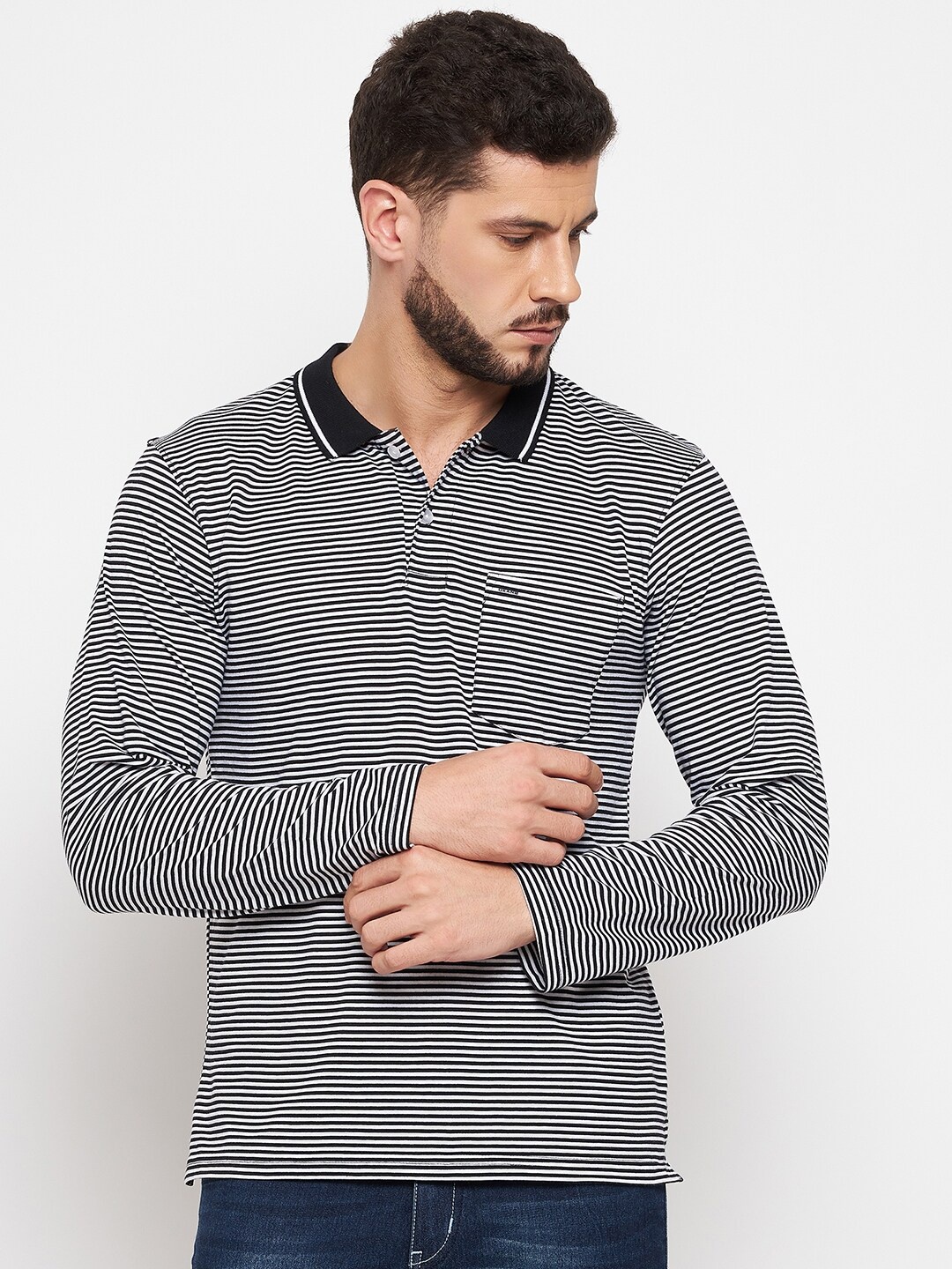 

Okane Men Black & White Striped Polo Collar T-shirt