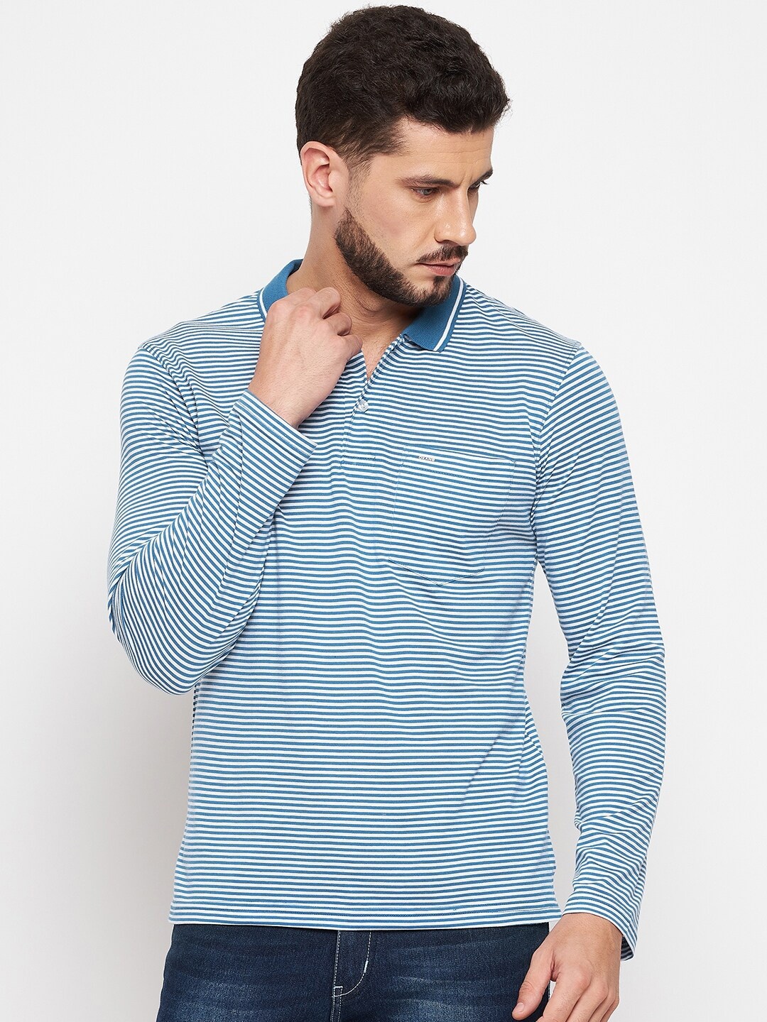 

Okane Men Blue & White Cotton Striped Polo Collar T-shirt