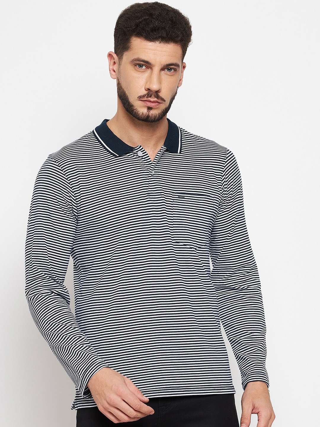 

Okane Men Navy Blue & White Striped Polo Collar T-shirt