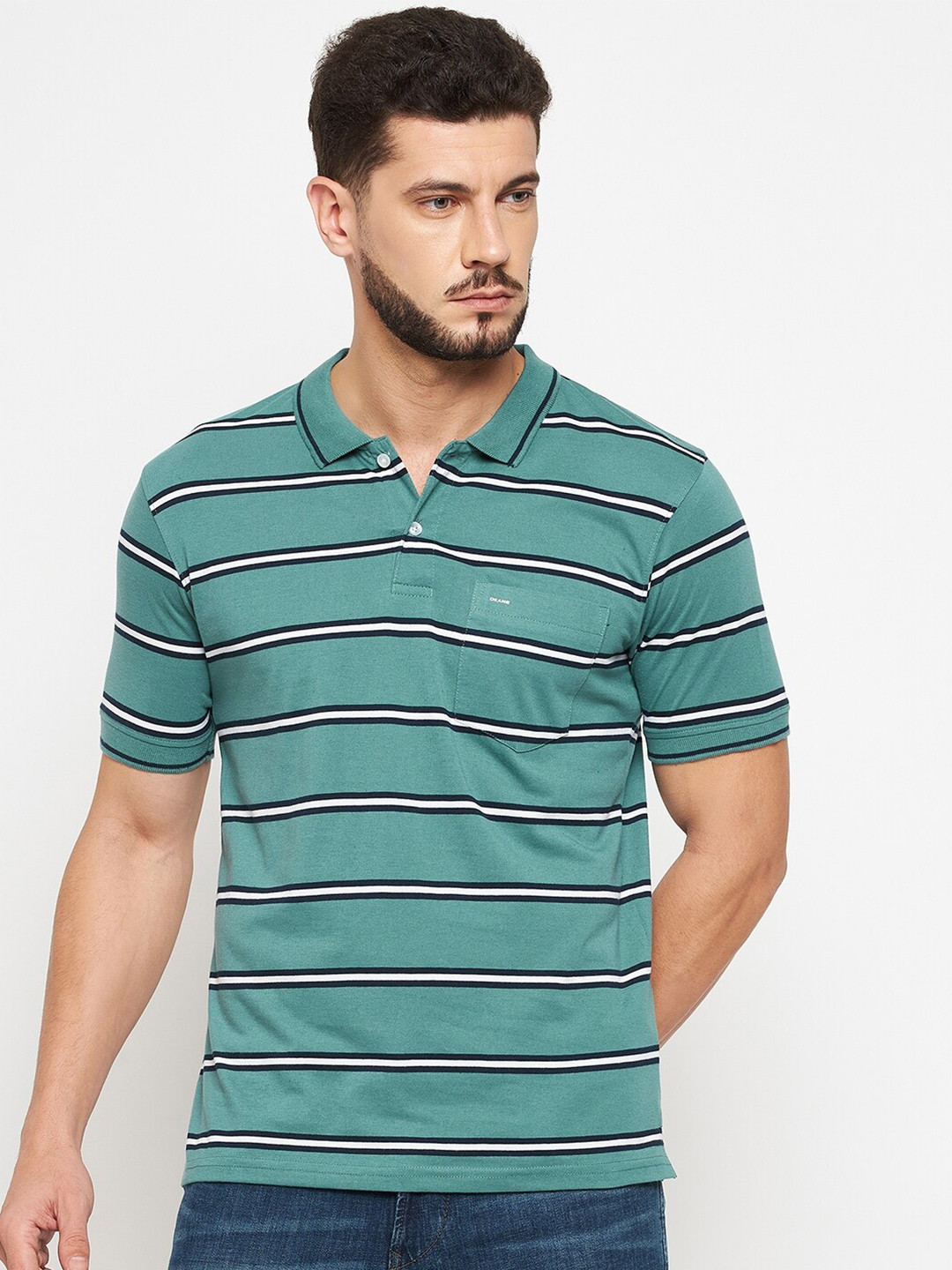 

Okane Men Teal & Black Striped Cotton Polo Collar T-shirt