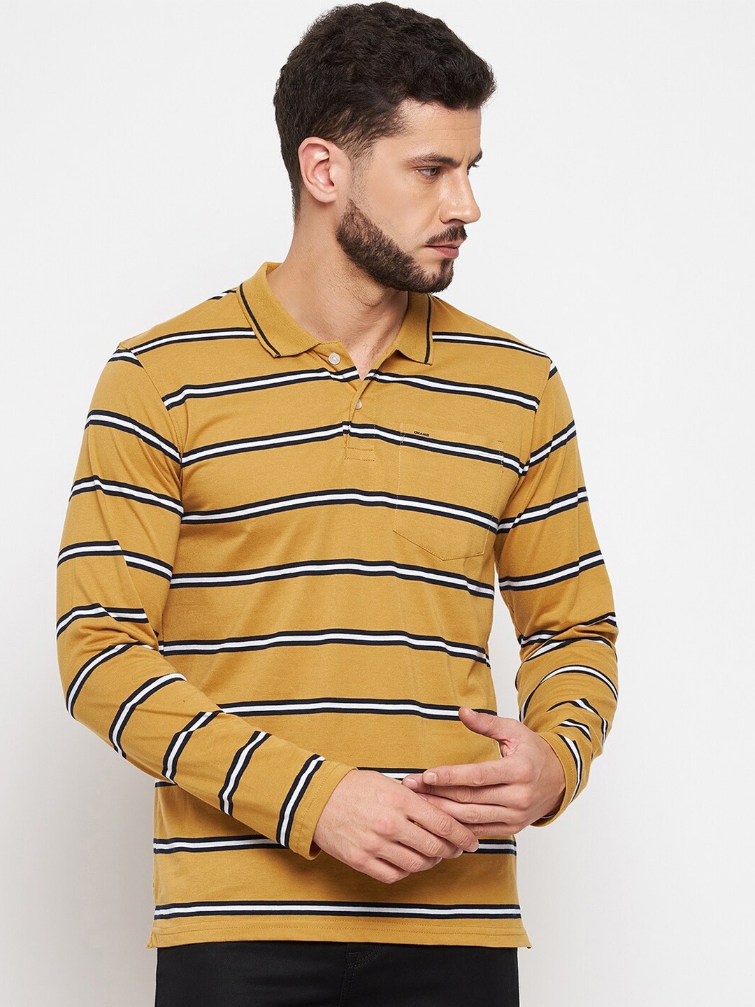 

Okane Men Mustard Yellow Striped Polo Collar T-shirt