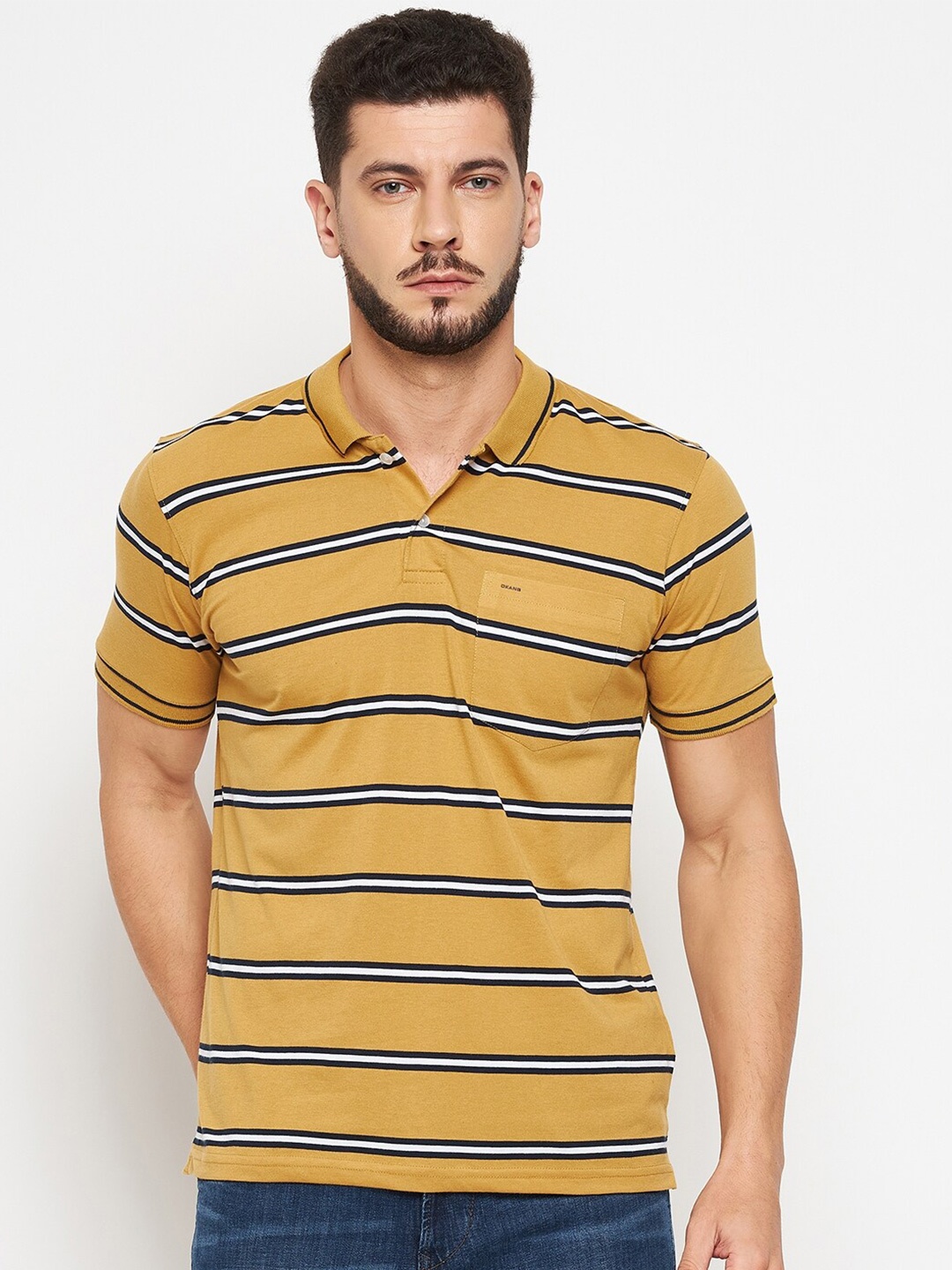 

Okane Men Mustard Yellow Striped Polo Collar T-shirt