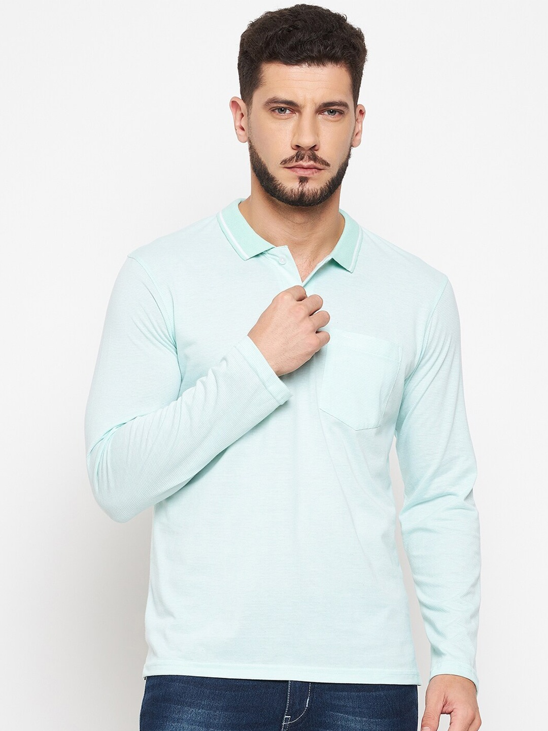 

Okane Men Turquoise Blue Polo Collar T-shirt
