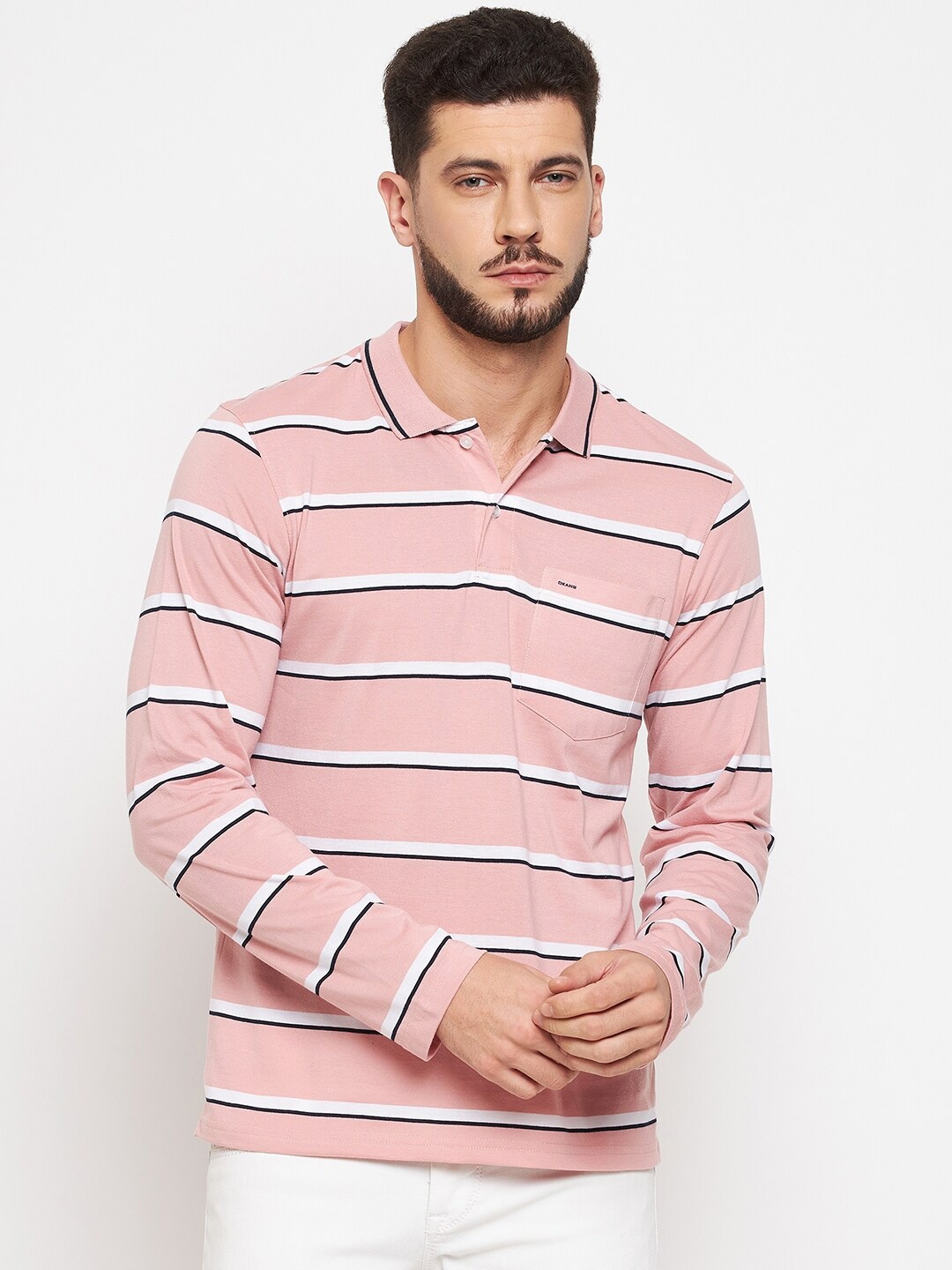 

Okane Men Pink & White Cotton Striped Polo Collar T-shirt