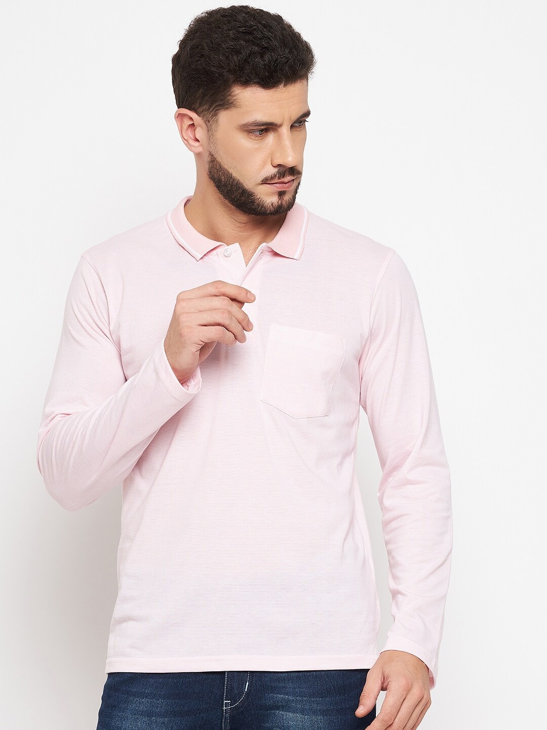 

Okane Men Pink Solid Polo Collar Cotton T-shirt