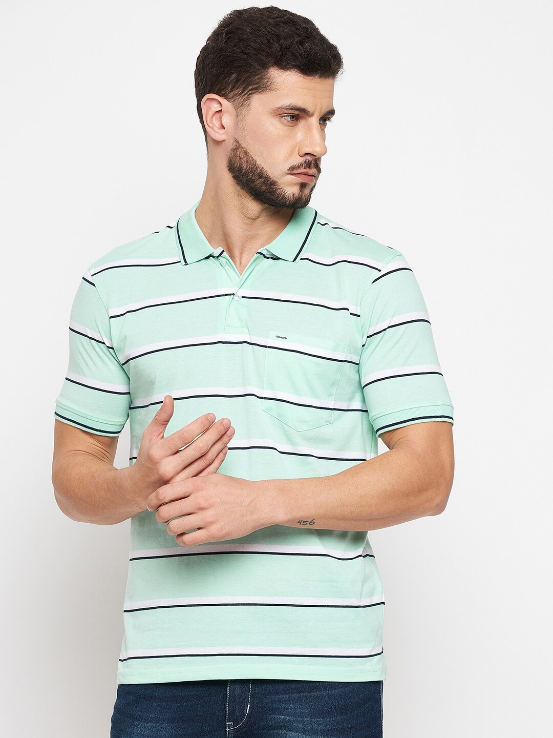 

Okane Men Sea Green Striped Polo Collar T-shirt