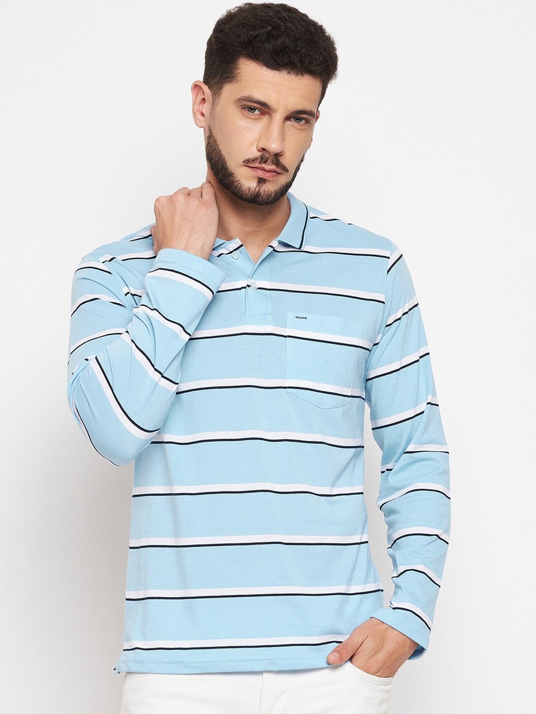 

Okane Men Blue Striped Polo Collar T-shirt