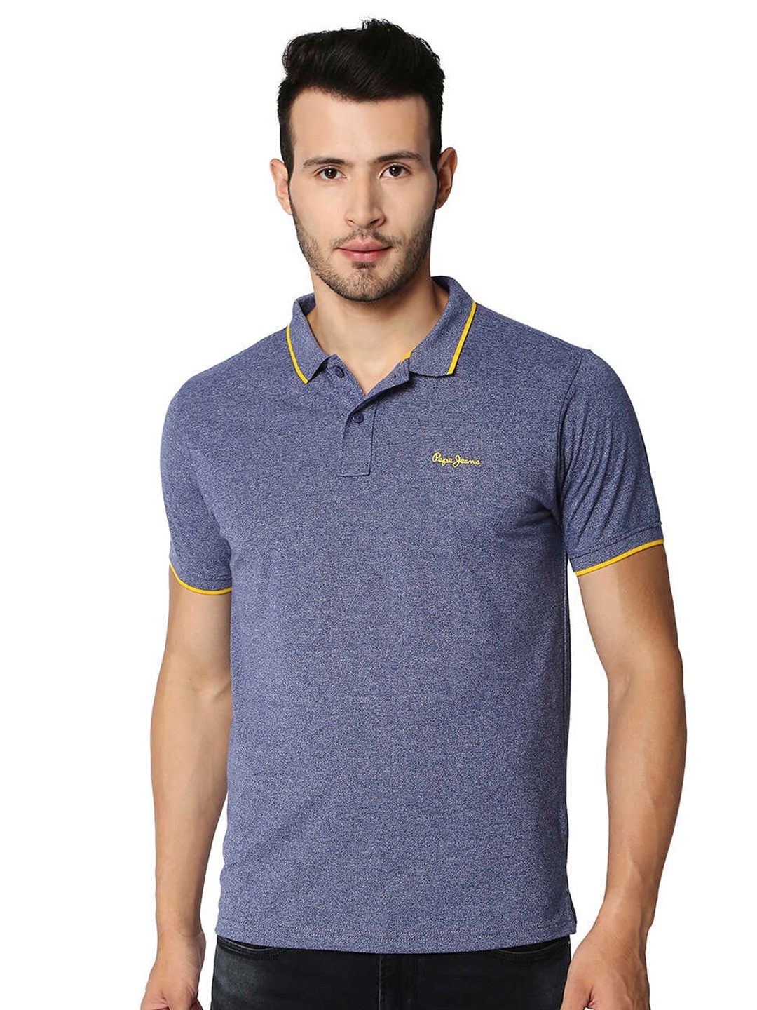 

Pepe Jeans Men Blue Solid Cotton Quantra Grindle Polo Collar T-shirt