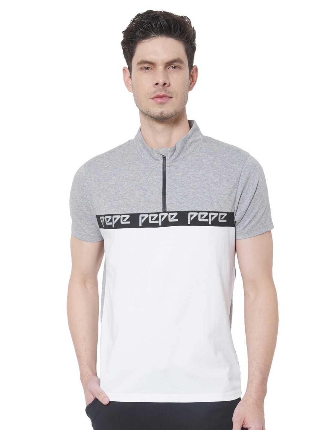 

Pepe Jeans Men Grey Melange & White Colourblocked Diego Zip Through Tee Cotton T-shirt