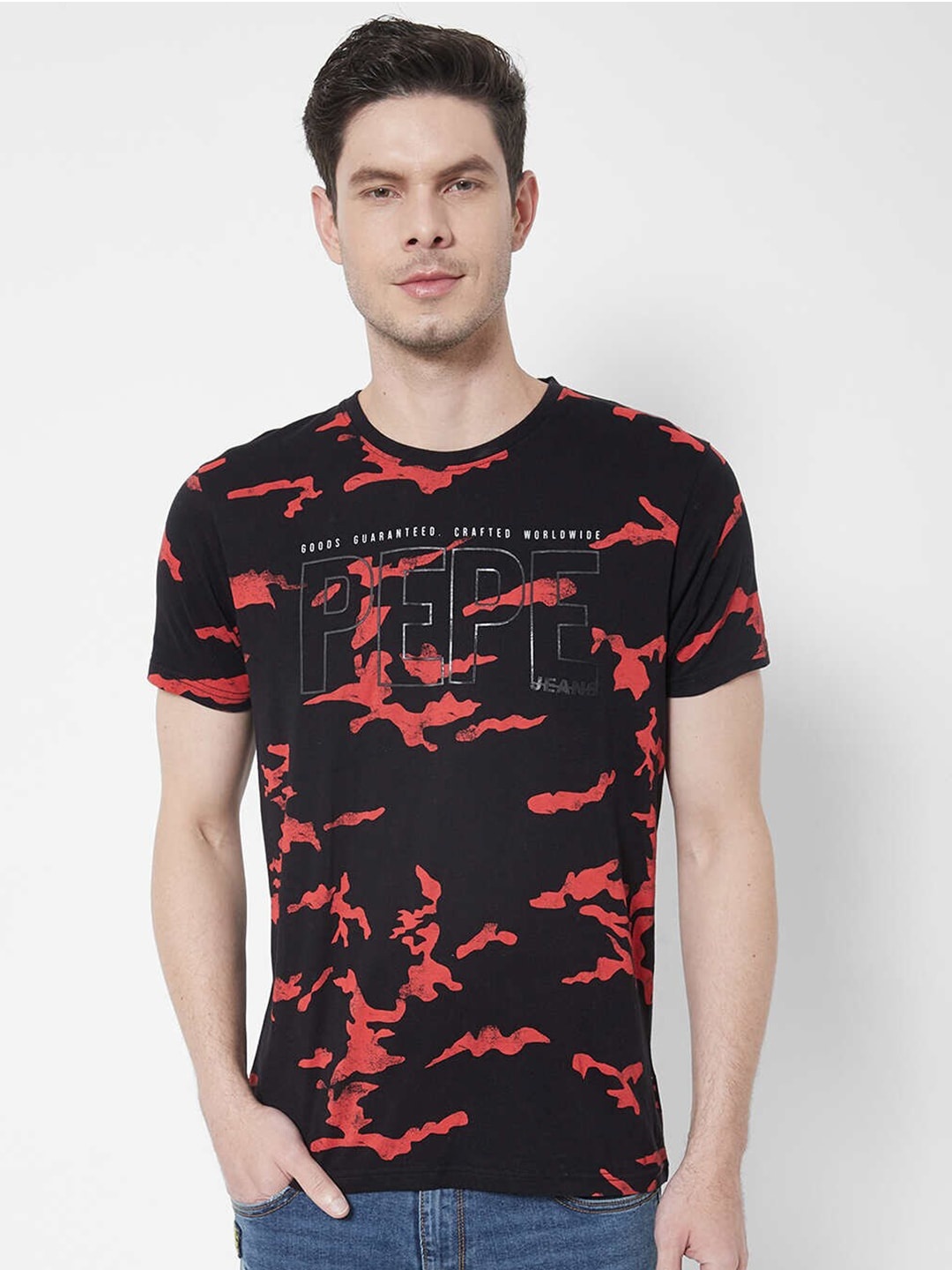 

Pepe Jeans Men Black & Red Allover Printed T-shirt