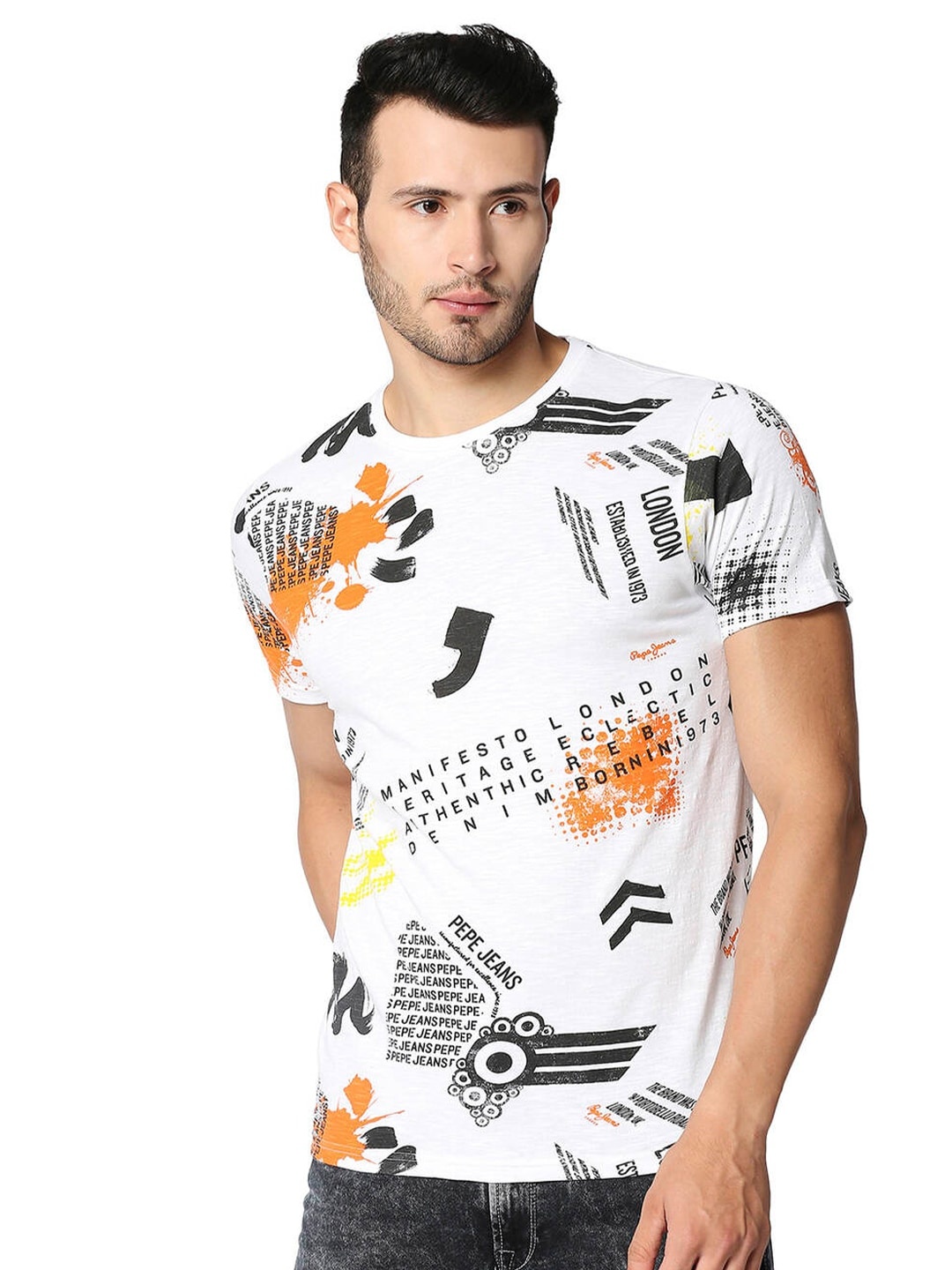 

Pepe Jeans Men White & Black Printed T-shirt